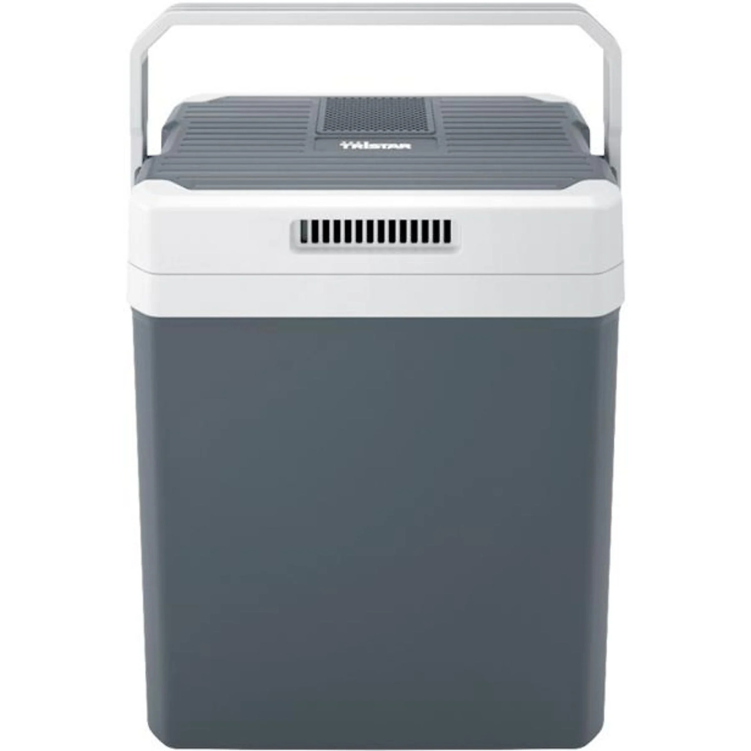 A grey cooler with a white top and handle.