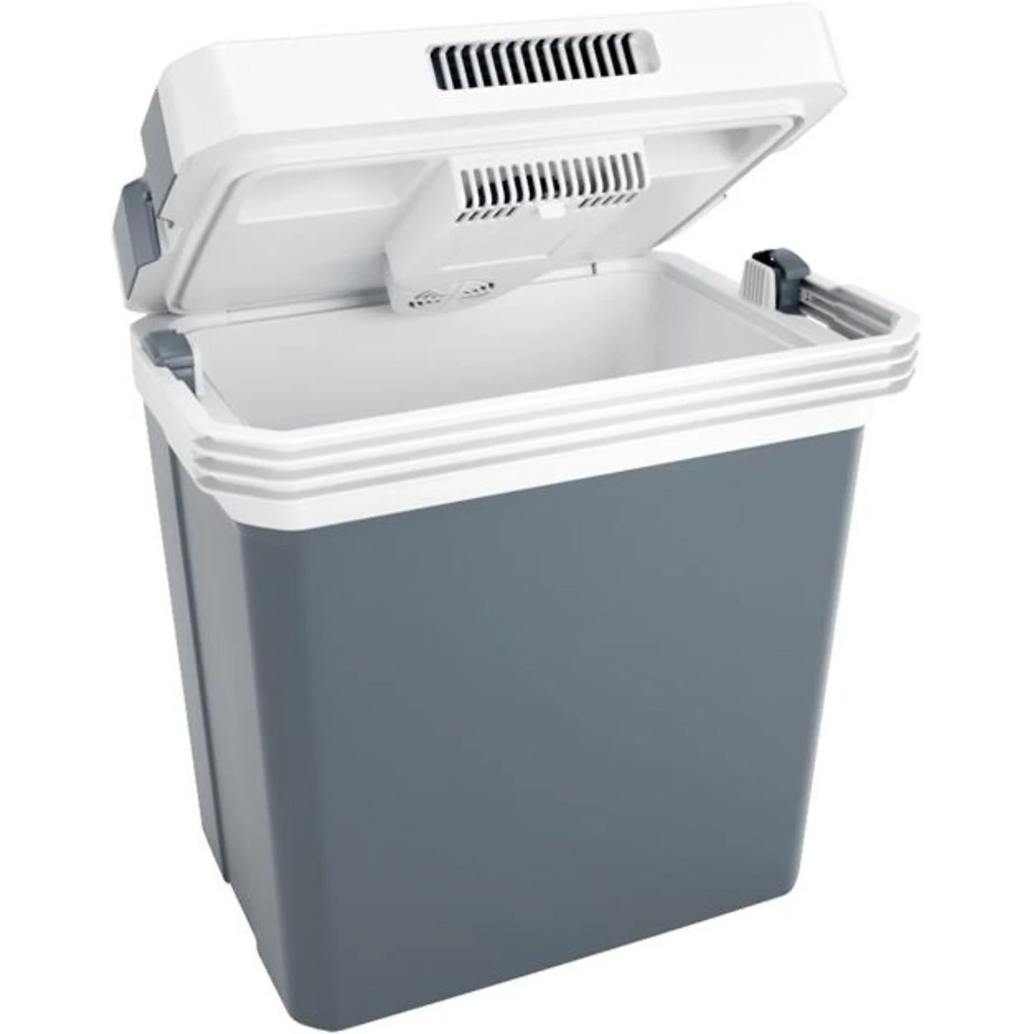 Portable fridge, gray and white, open lid. Shows the inside compartment.