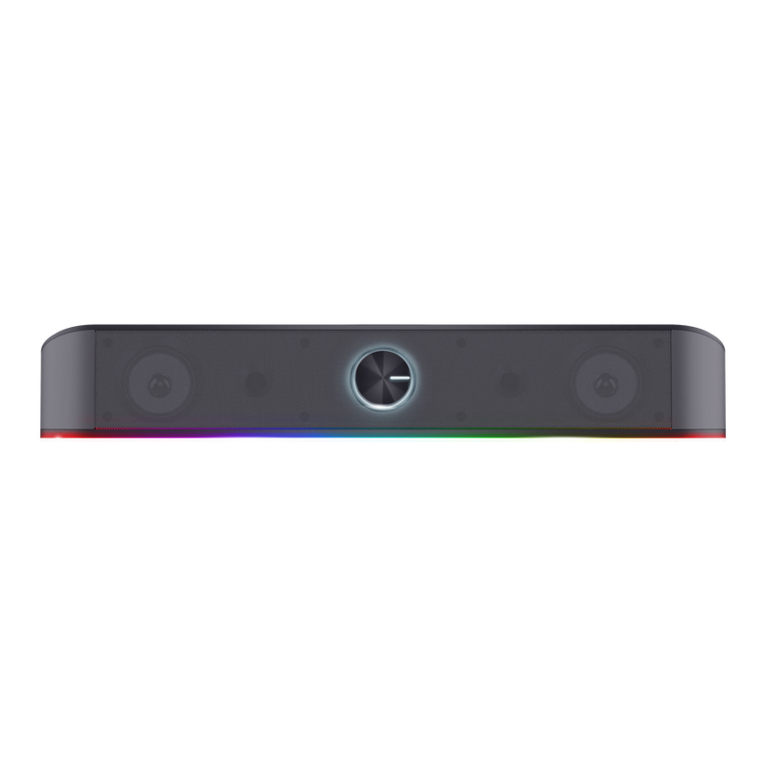 Black soundbar with RGB lighting. Has two speakers and a central control knob. Lighting along the bottom.