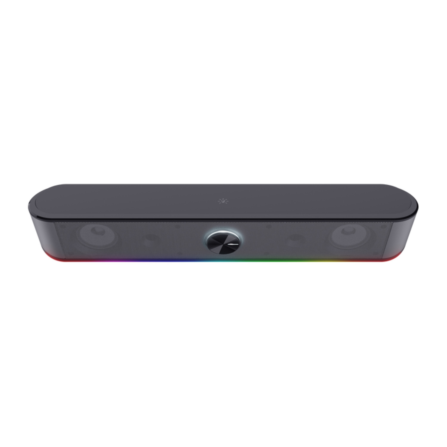 A black sound bar with colorful lights and a central control knob.
