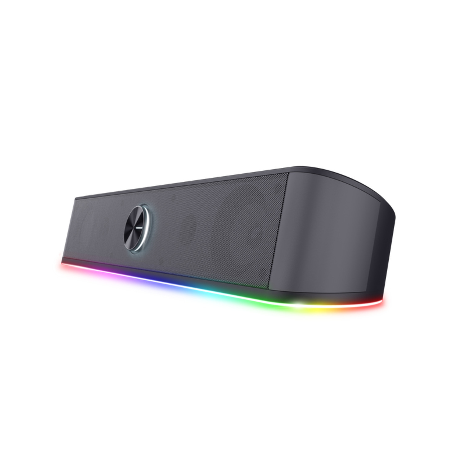 Dark gray soundbar with glowing, multi-colored LED lights along the bottom edge.