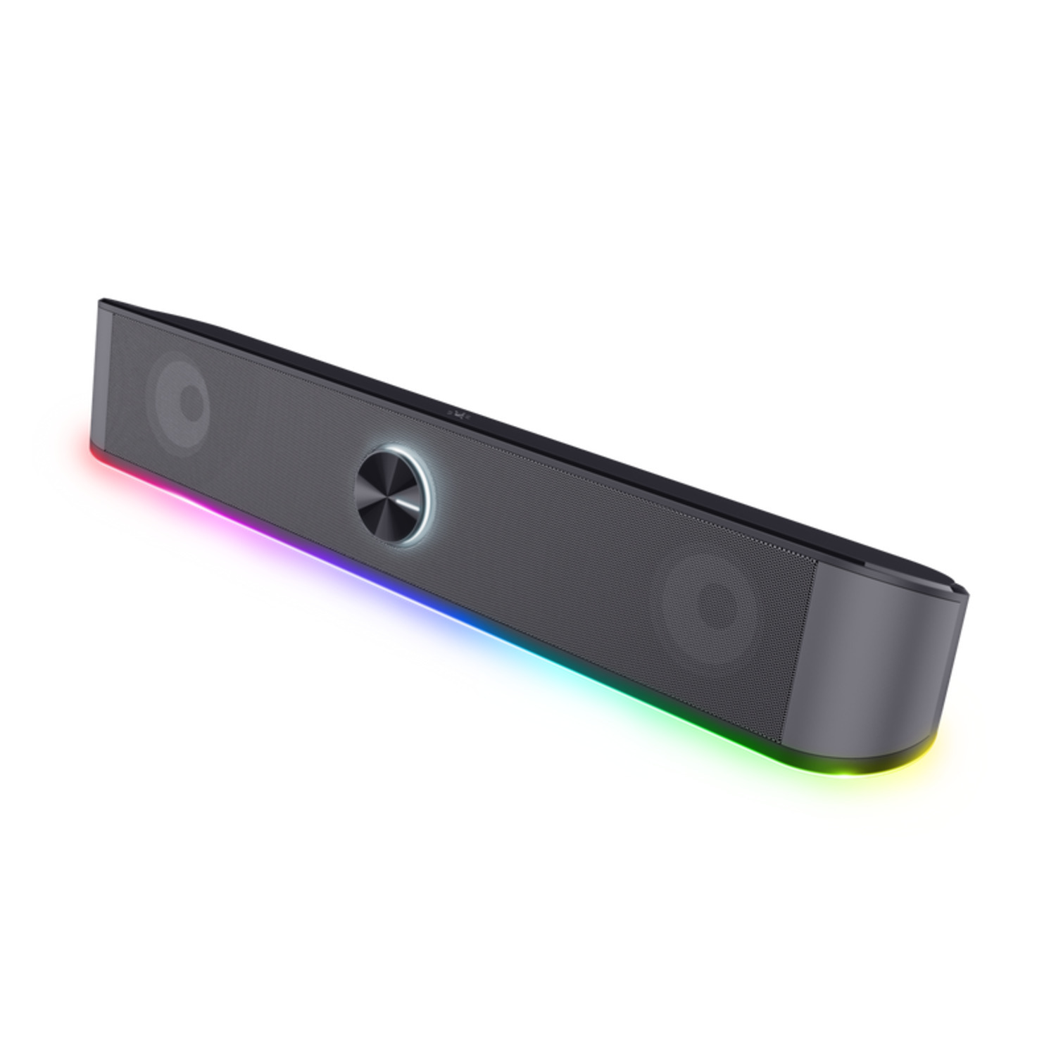 Black soundbar with colorful lights and a silver center. White background.