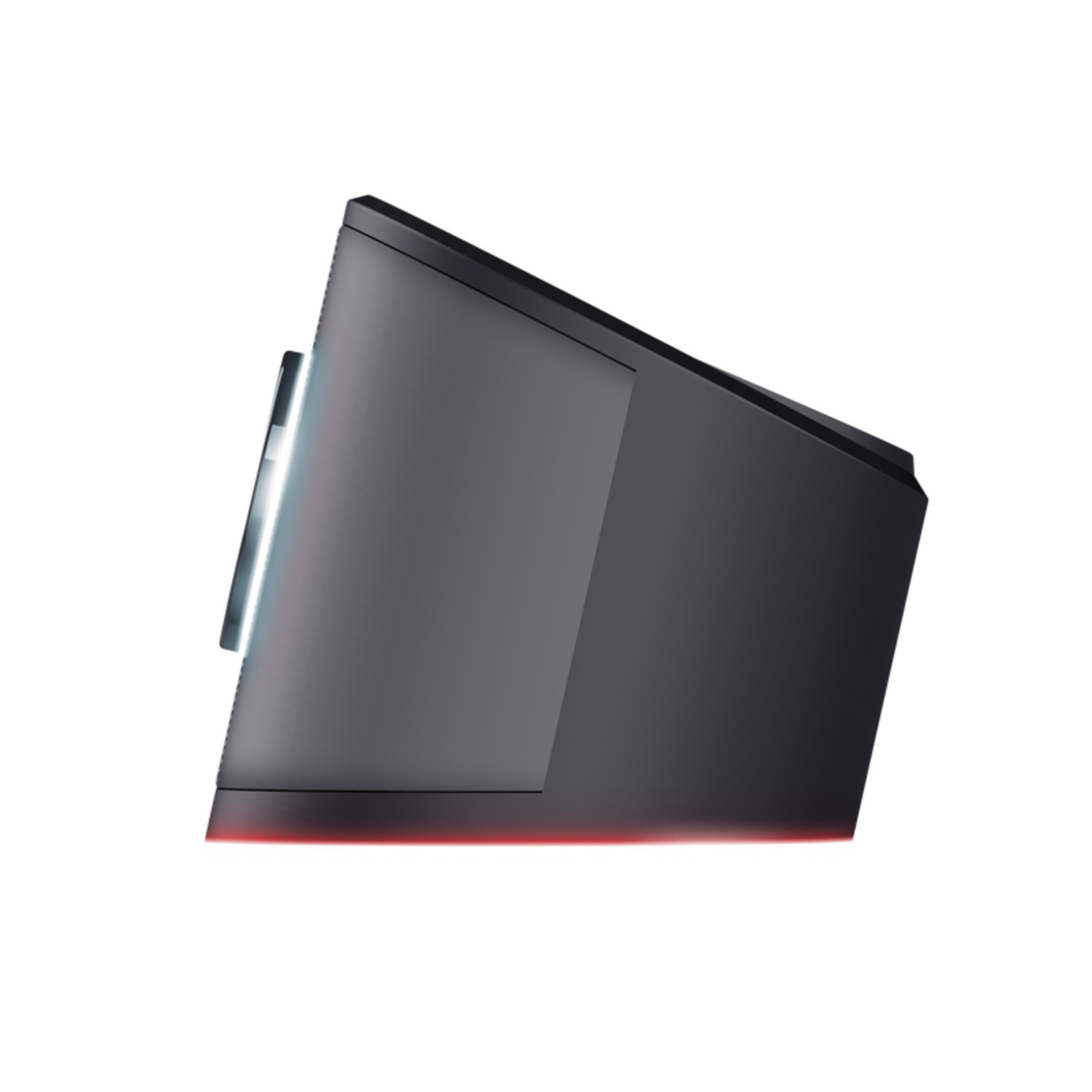 Black and gray speaker on a white background. A red light is visible at the bottom.