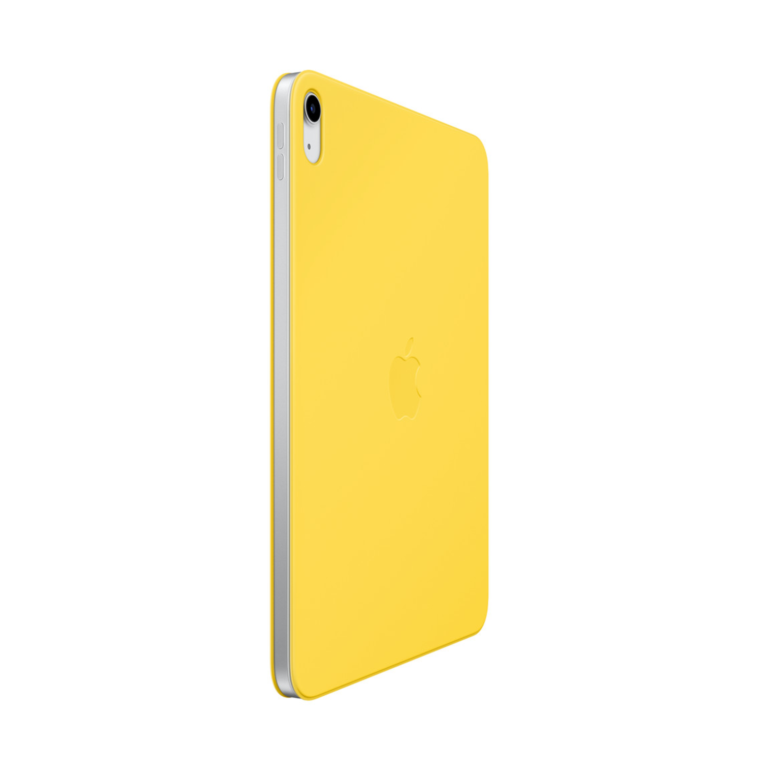 Yellow iPad mini, back view, slightly angled. Apple logo in center. White background.
