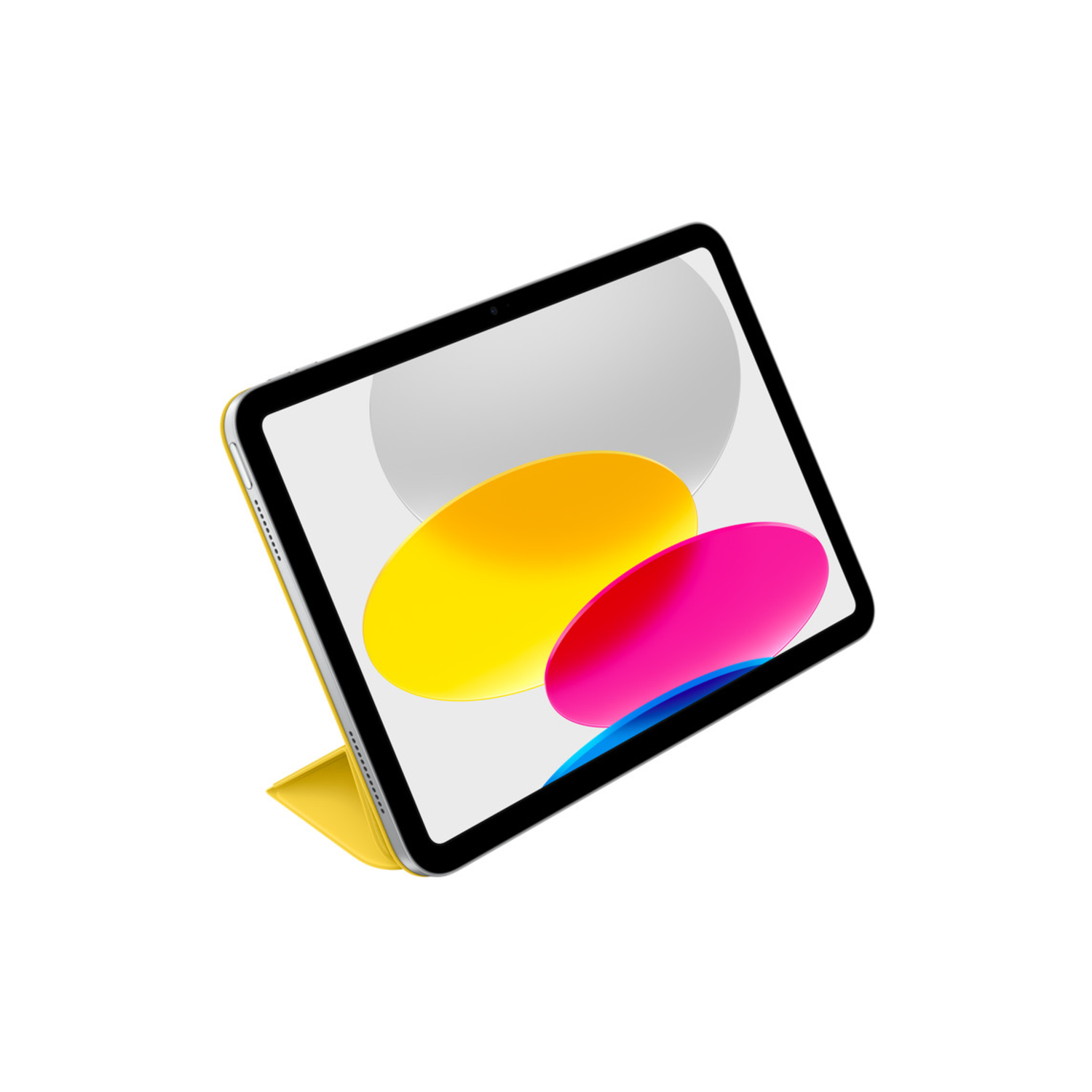 A yellow iPad with a yellow cover, angled on a white background, displaying colorful shapes.