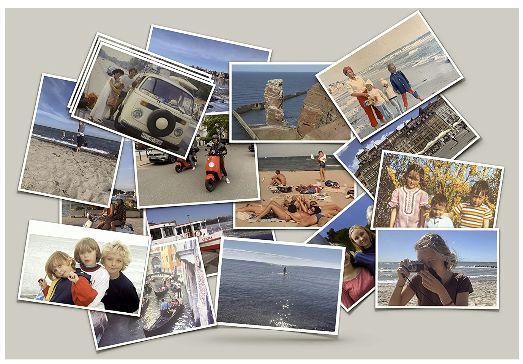 Stapel von Fotos von Leuten im Urlaub, darunter Bilder vom Strand und Reisen.