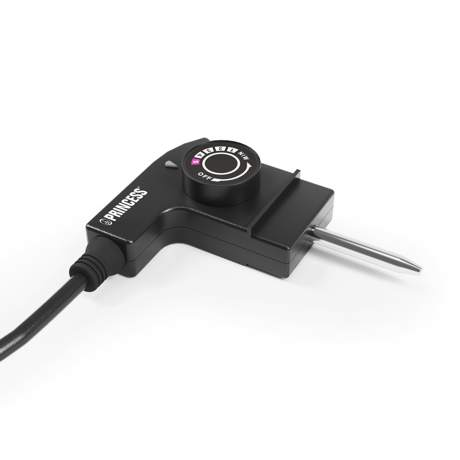 Zwarte Princess grillbediening met draaiknop, kabel en temperatuursonde, op een wit oppervlak.