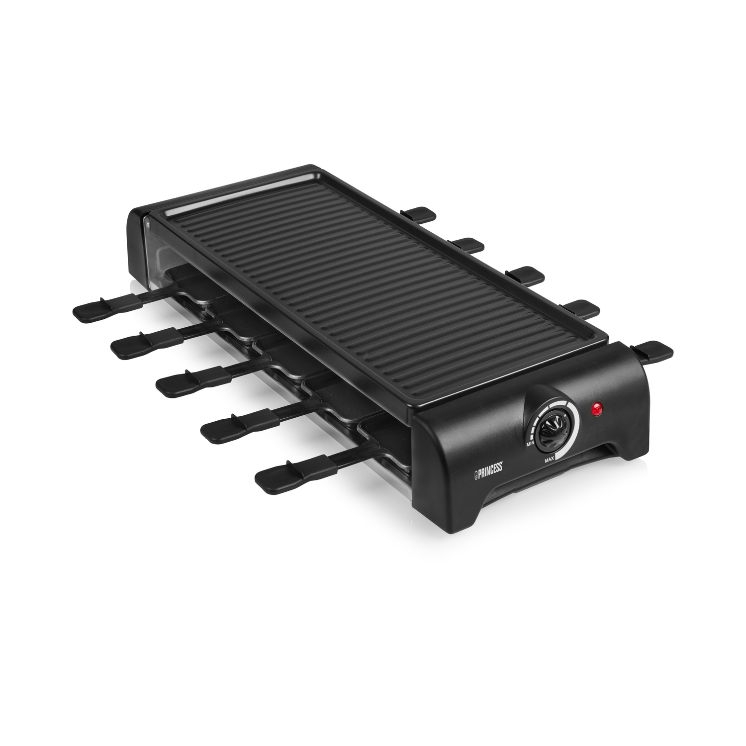 Zwarte raclette grill met verwarmingselementen en individuele pannetjes.