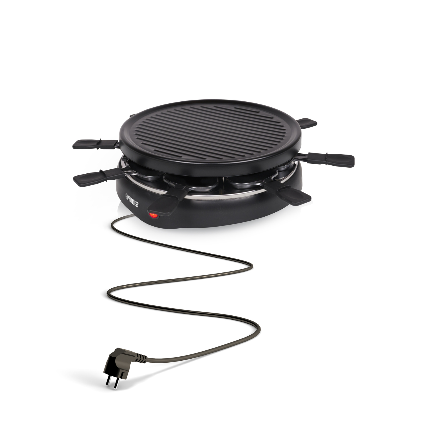 Zwarte raclette grill met stroomkabel en stekker.