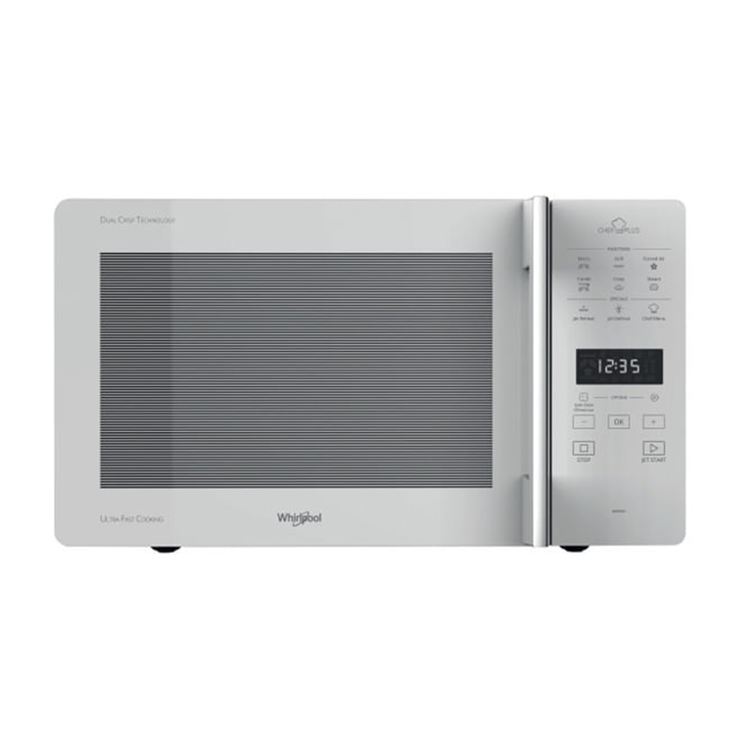 Microonde Whirlpool bianco con comandi, vista frontale, ora visualizzata.
