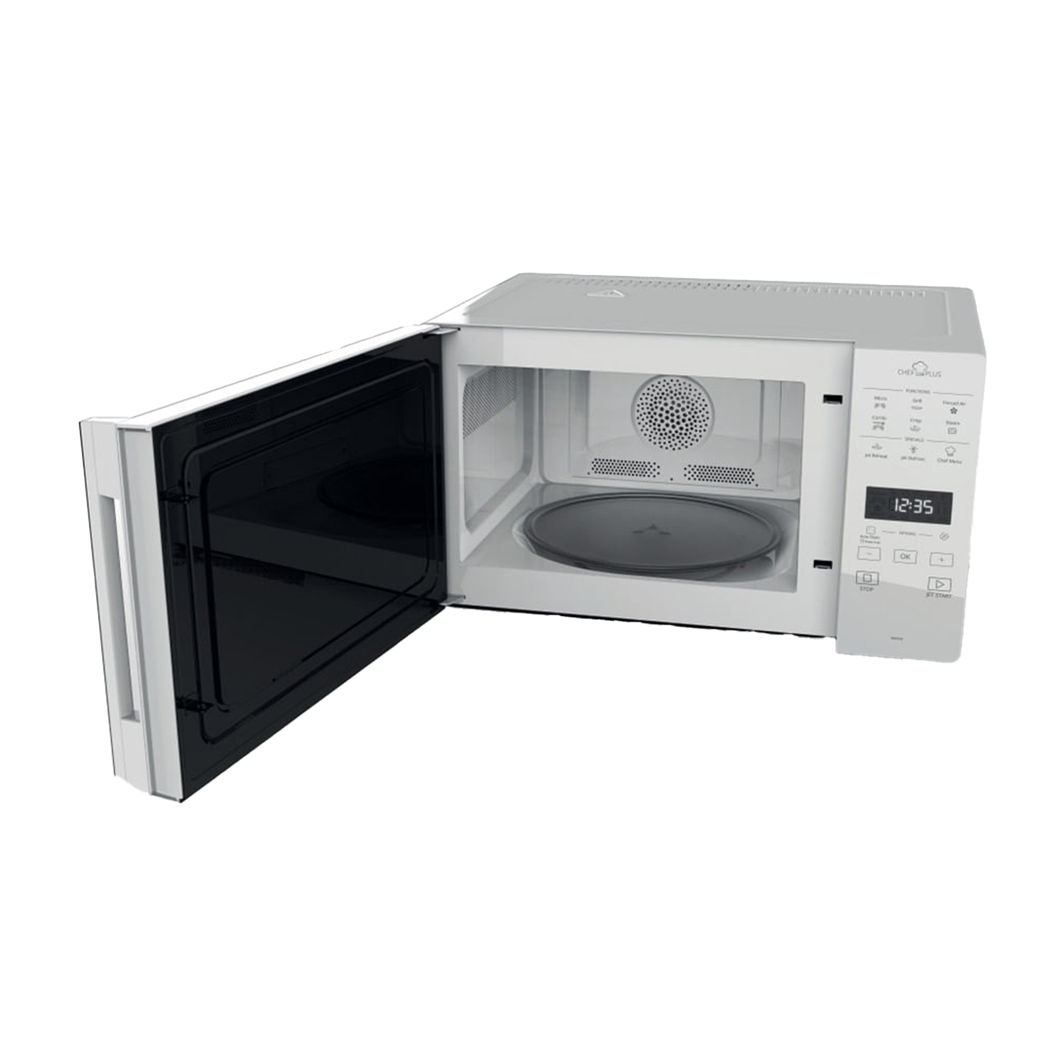 Forno a microonde bianco con la porta aperta, che mostra l'interno e il pannello di controllo.