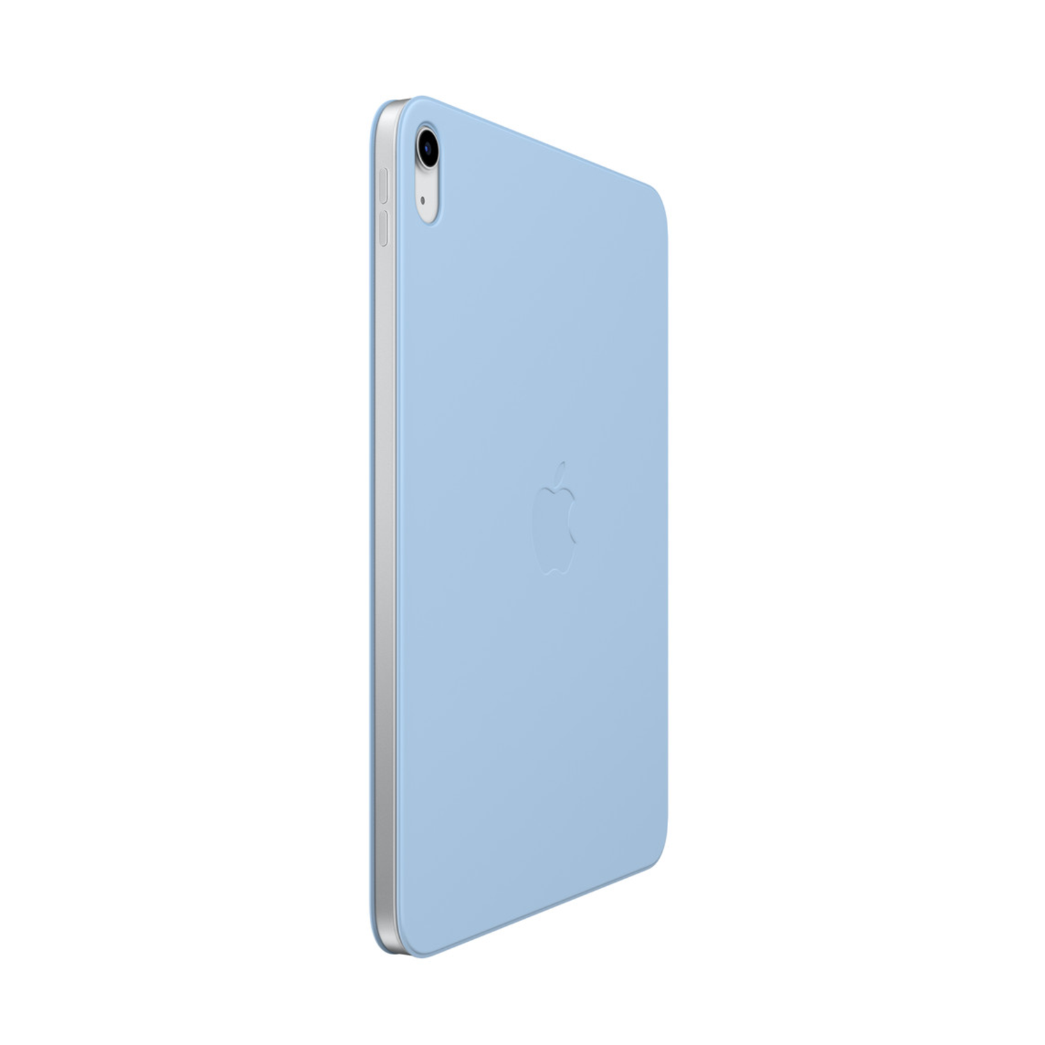 A blue iPad in a case, showing the back with an Apple logo. The camera is visible. Silver edges are seen.