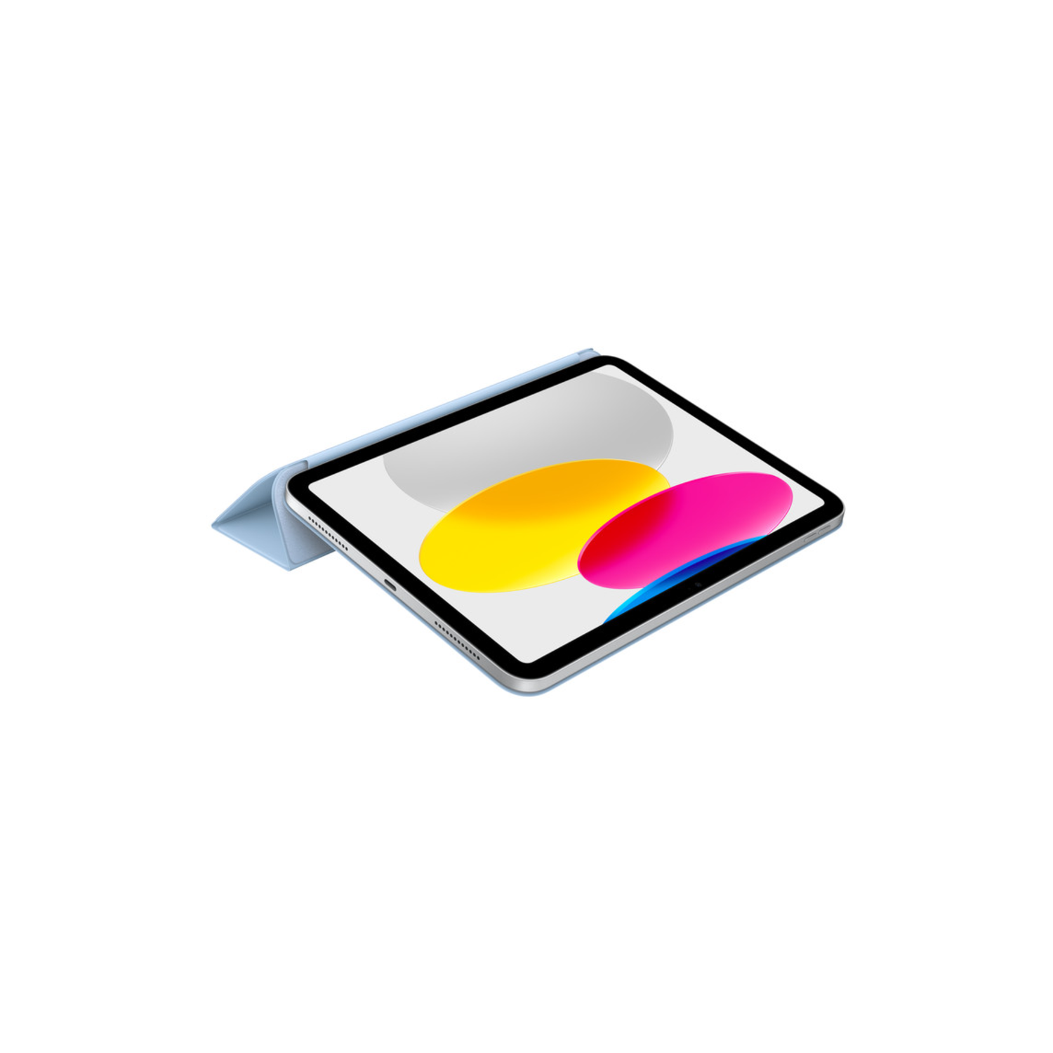 Blue tablet with a colorful screen, in a light blue cover. It is on a white background.
