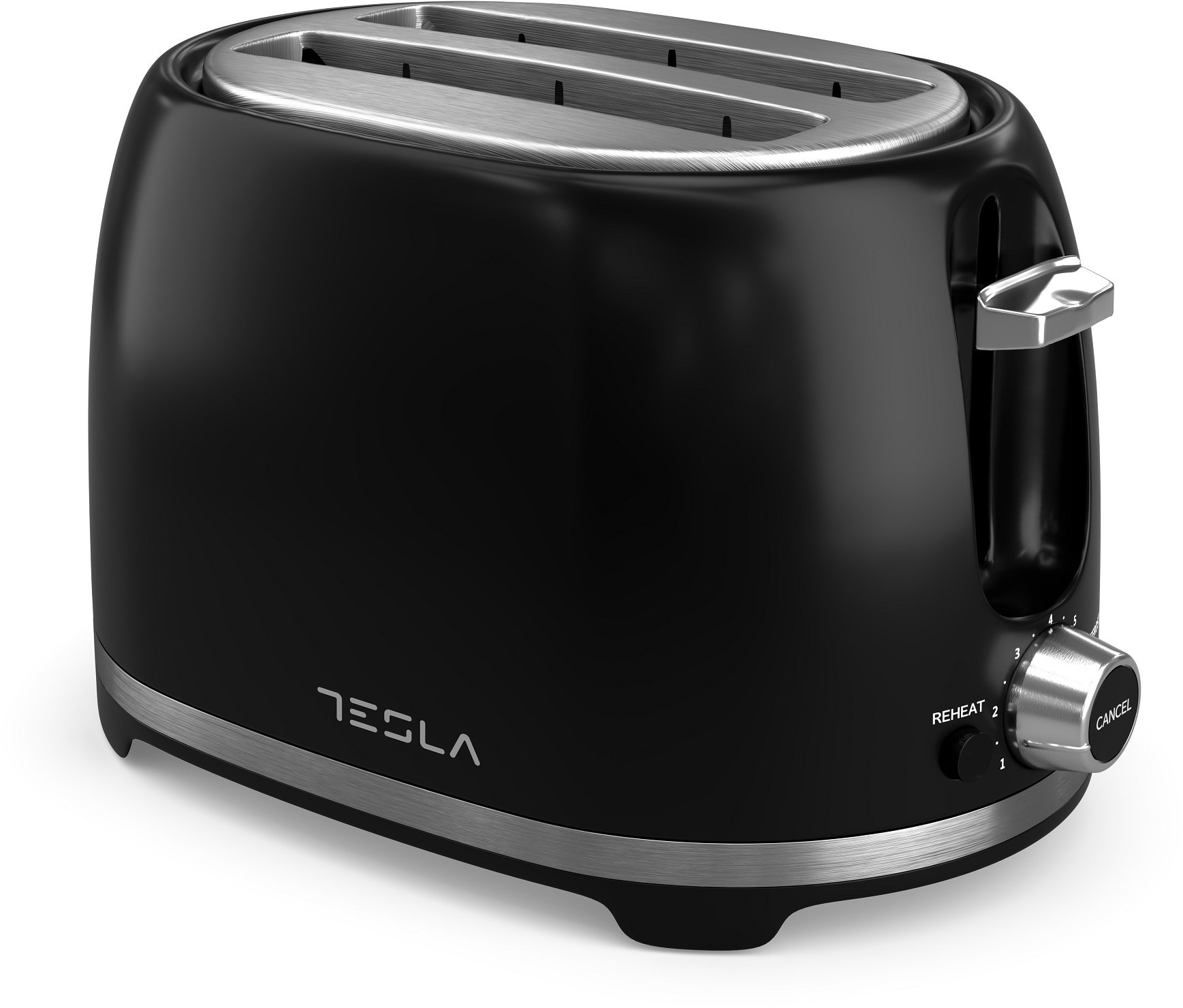 Fekete Tesla kenyérpirító ezüst szegéllyel és a Tesla logóval.