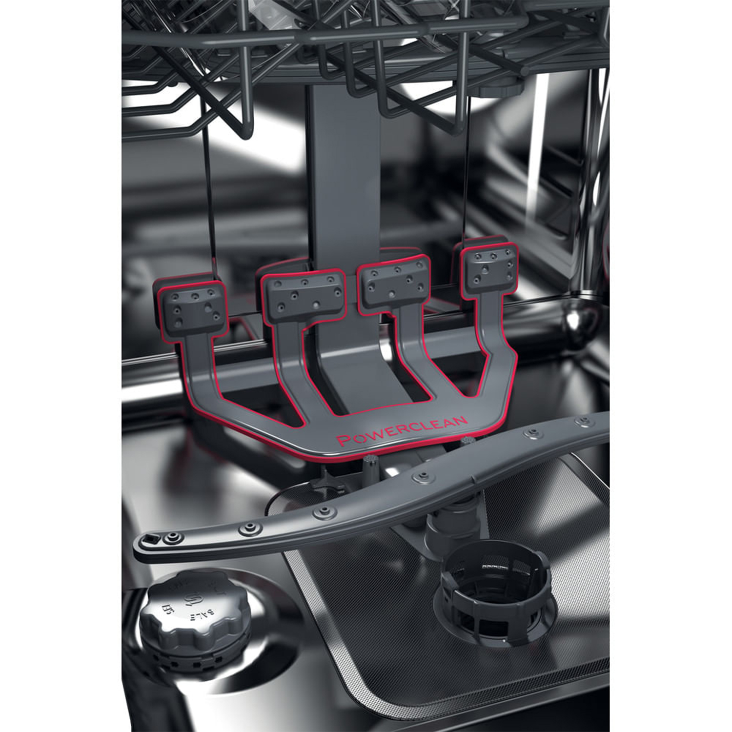 Primo piano all'interno di una lavastoviglie. Mostra il sistema PowerClean con accenti rossi.