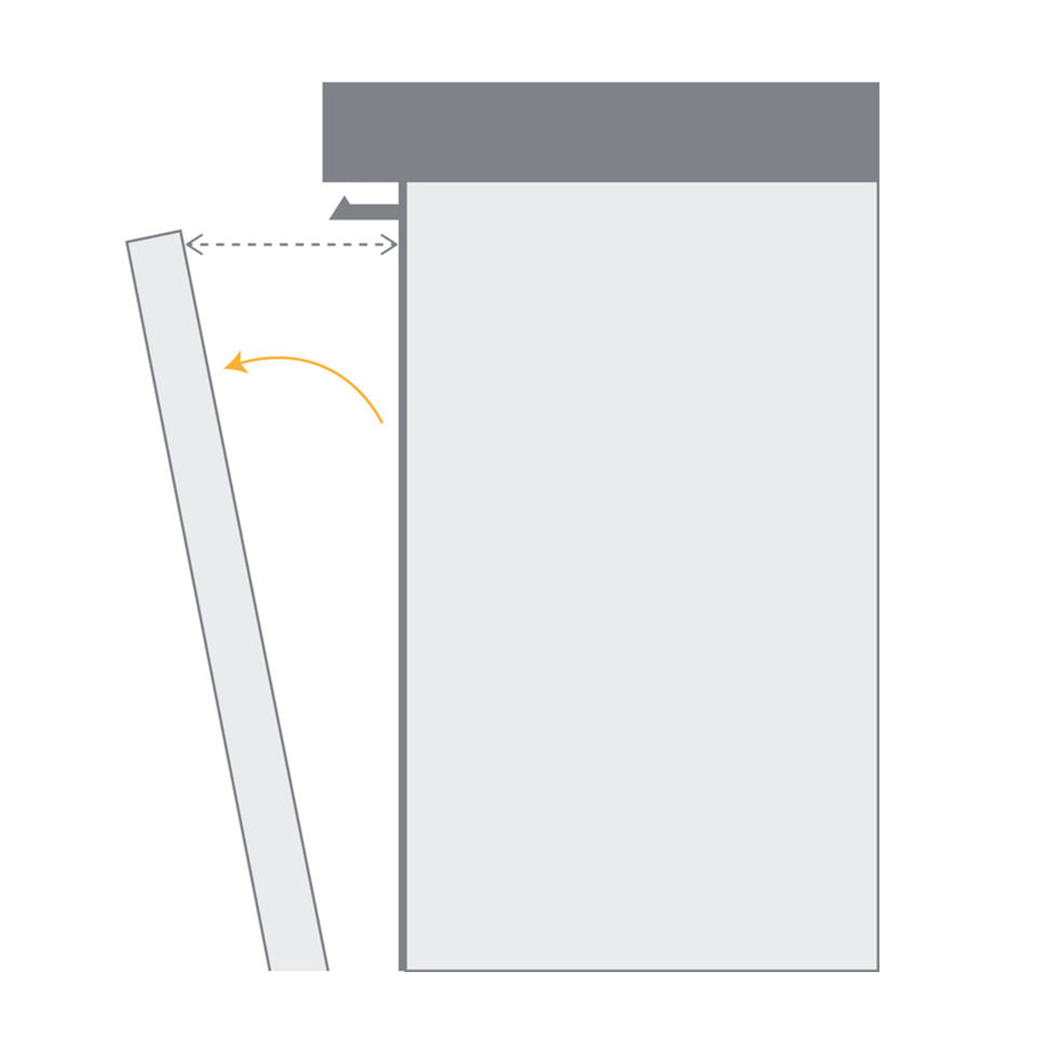 Diagramma di una porta della lavastoviglie, aperta ad angolo, con linee tratteggiate che mostrano il movimento.