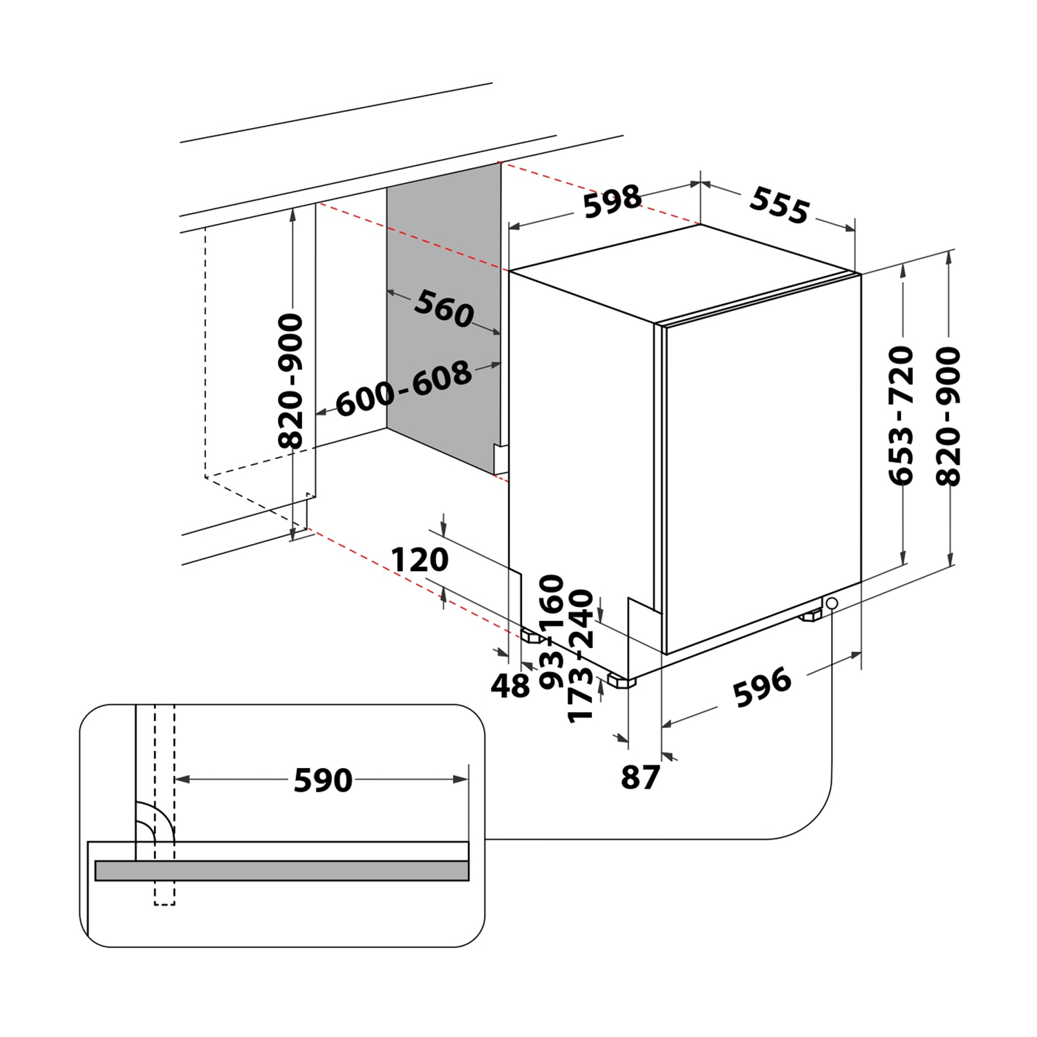 Disegno tecnico di una lavastoviglie, che mostra dimensioni e dettagli di installazione.