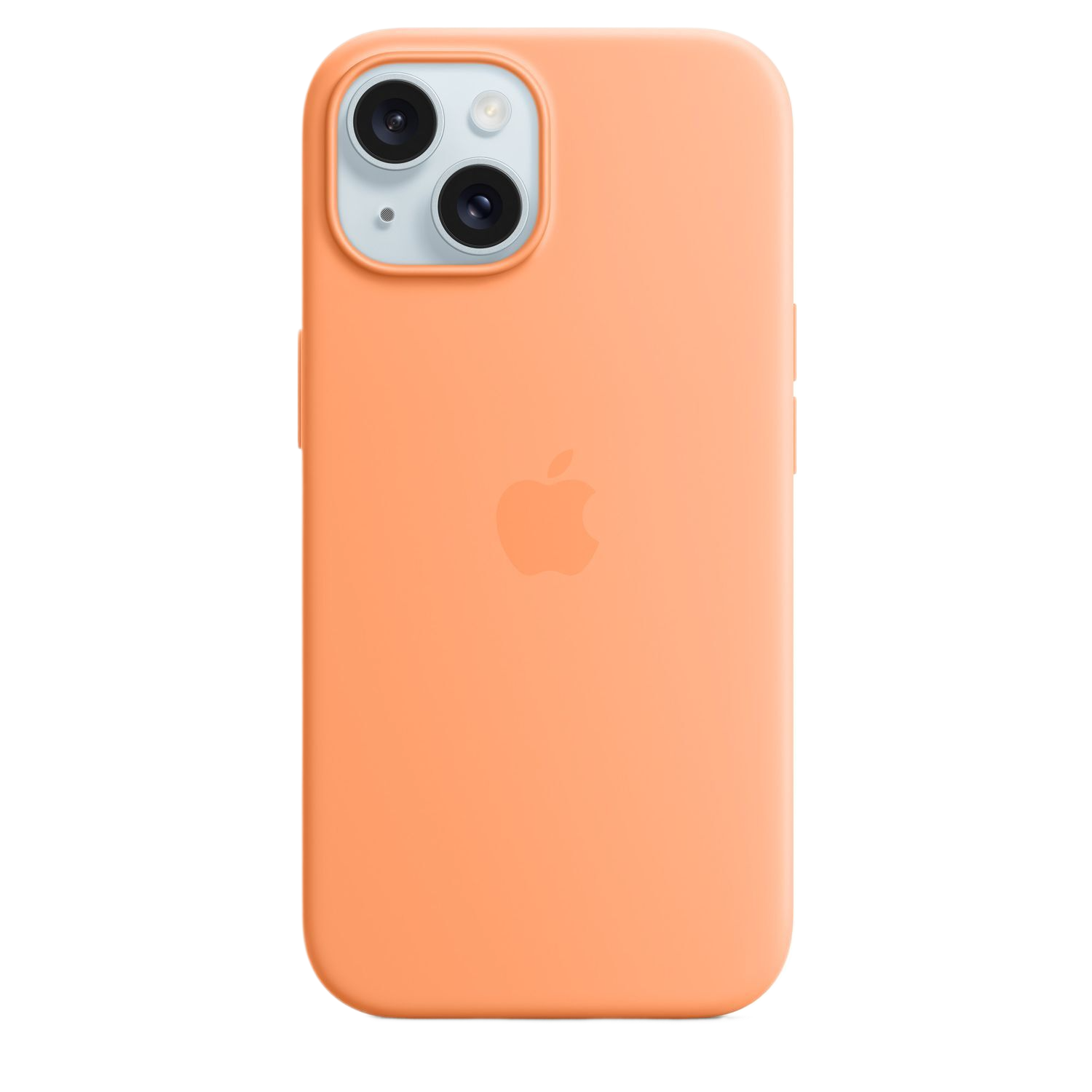 Een oranje iPhone-hoesje met een drievoudige cameralens. Het Apple-logo staat in het midden van de hoes. De achtergrond is zwart.