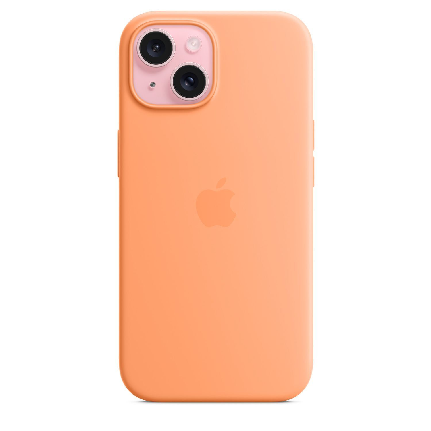 Een oranje iPhone-hoesje met een roze camerabult. Een Apple-logo is zichtbaar. De hoes zit op een witte achtergrond.