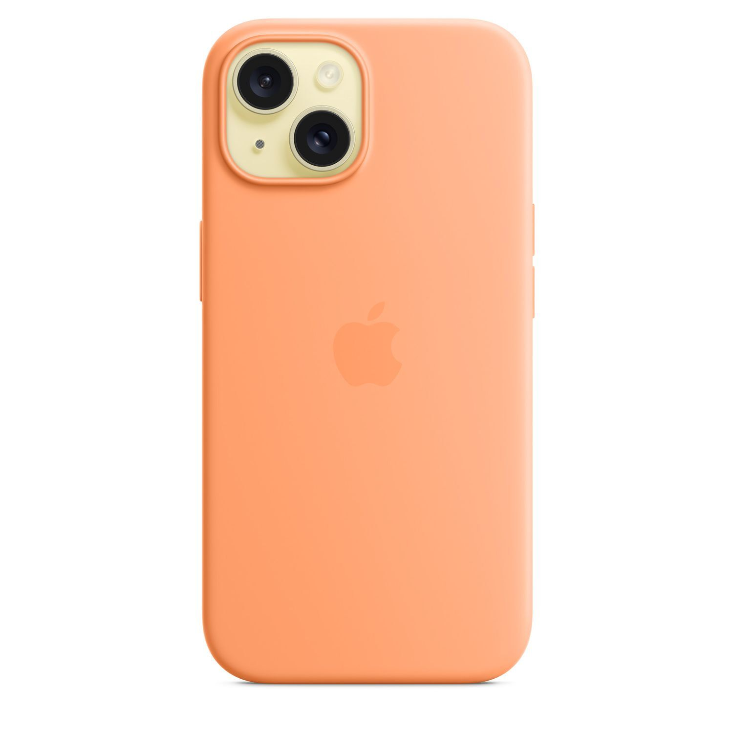 Een oranje iPhone-hoesje met het Apple-logo. De camerabult is zichtbaar aan de bovenkant, met twee lenzen en een flitser.