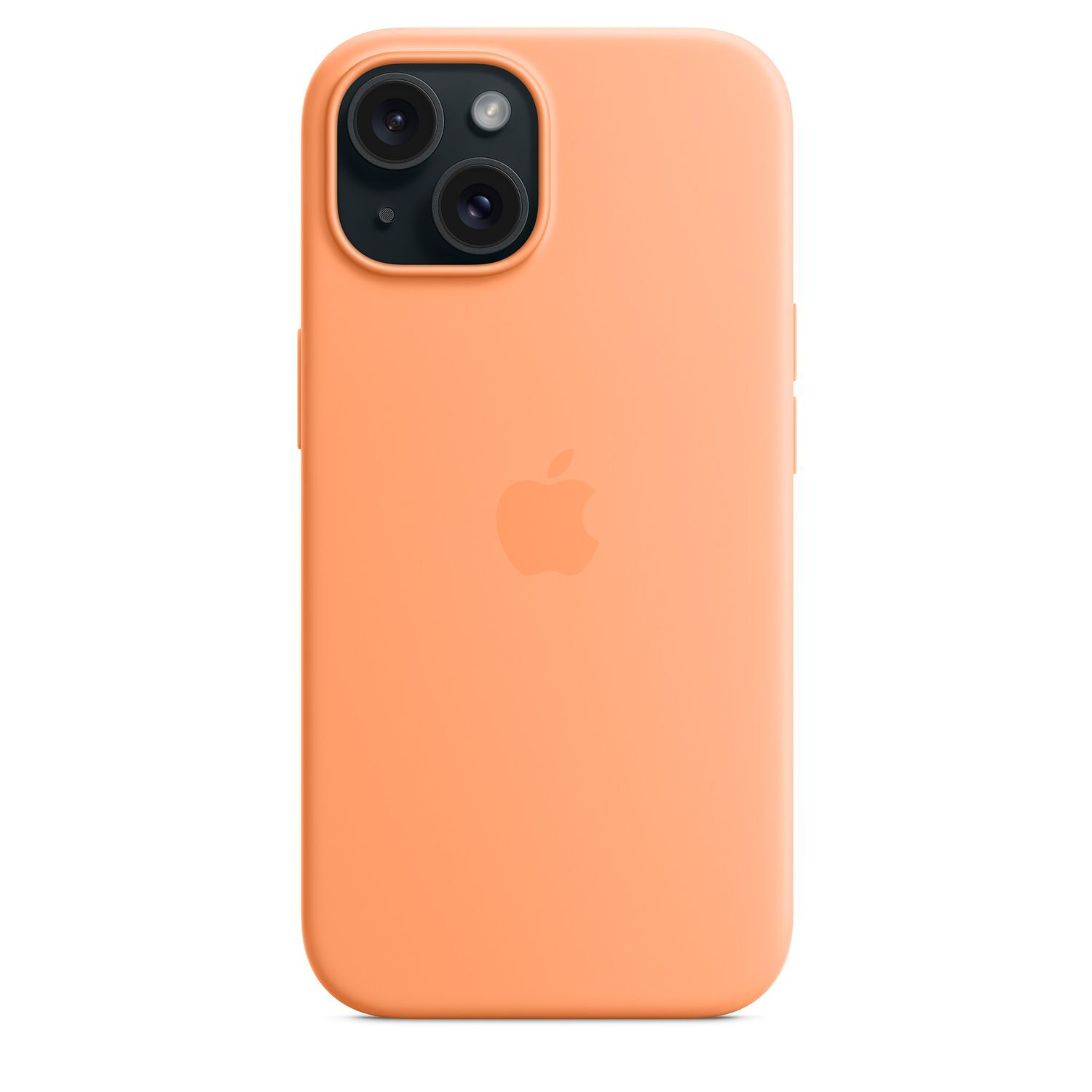 Een oranje iPhone-hoesje met een camera met dubbele lens en Apple-logo. De hoes heeft volumeknoppen.