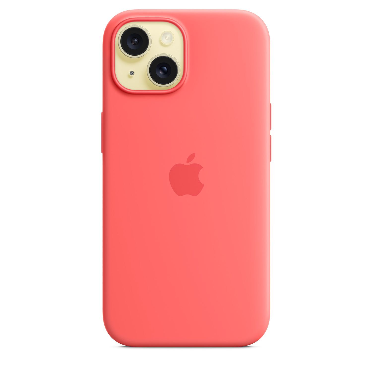 Coral iPhone case with Apple logo, camera area visible.