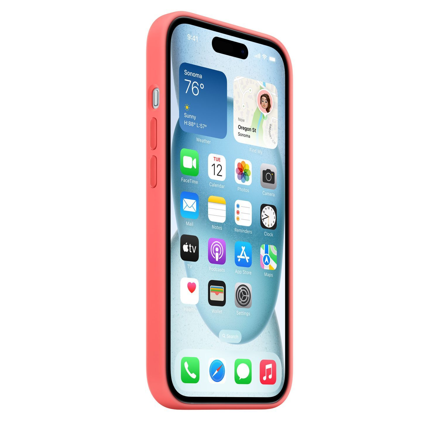 Pink phone in a case, with a screen showing widgets. Isolated on white.