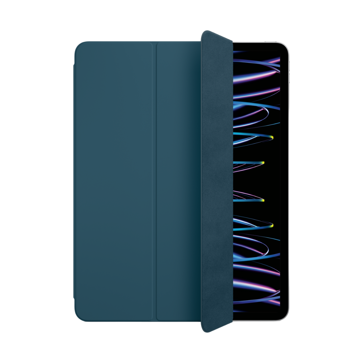 Een blauwe tablethoes met een tablet. De hoes is gedeeltelijk open.