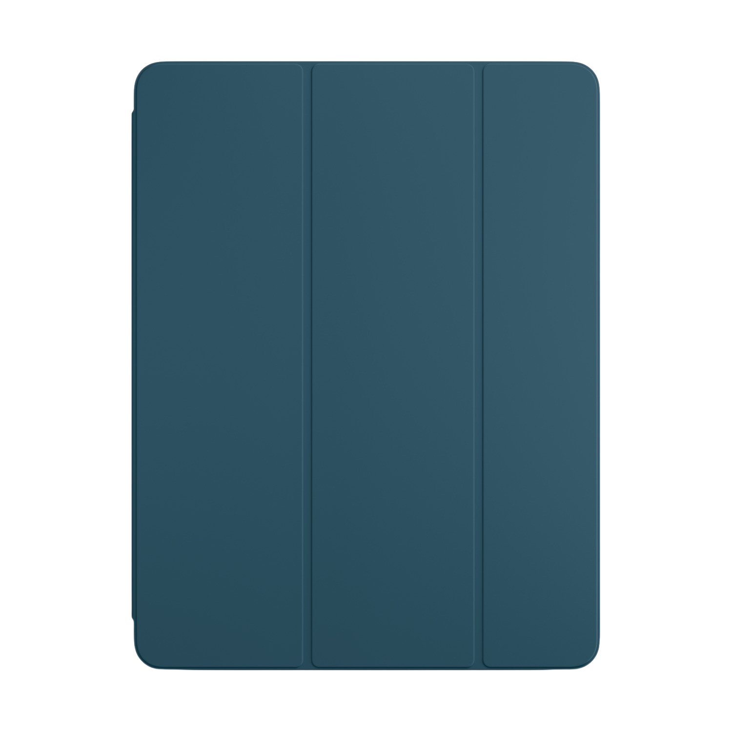 Blauwe iPad-hoes opgevouwen tot een driehoekige vorm, tegen een zwarte achtergrond.