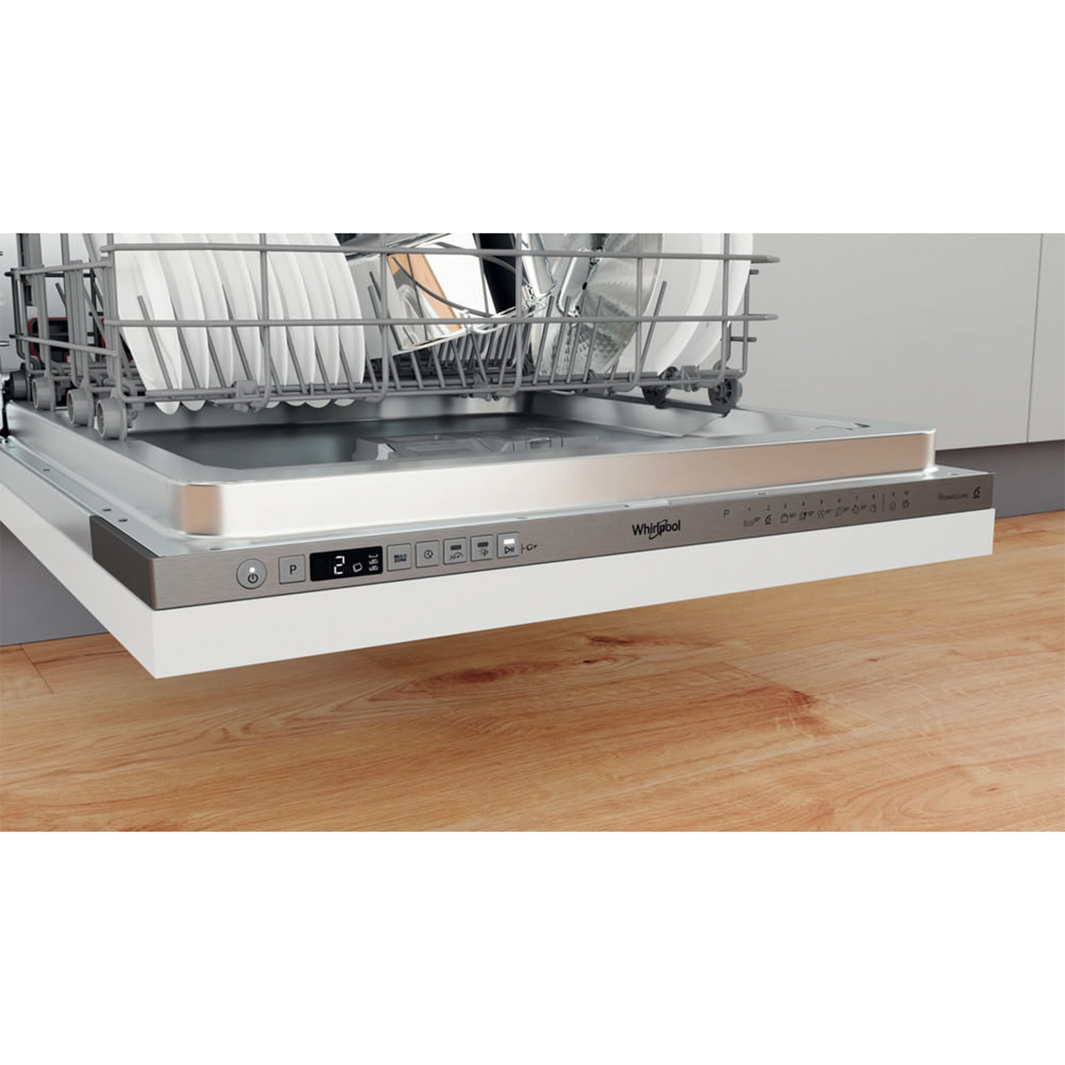 Pannello comandi lavastoviglie, bianco, con display digitale. La macchina è aperta, su sfondo bianco.