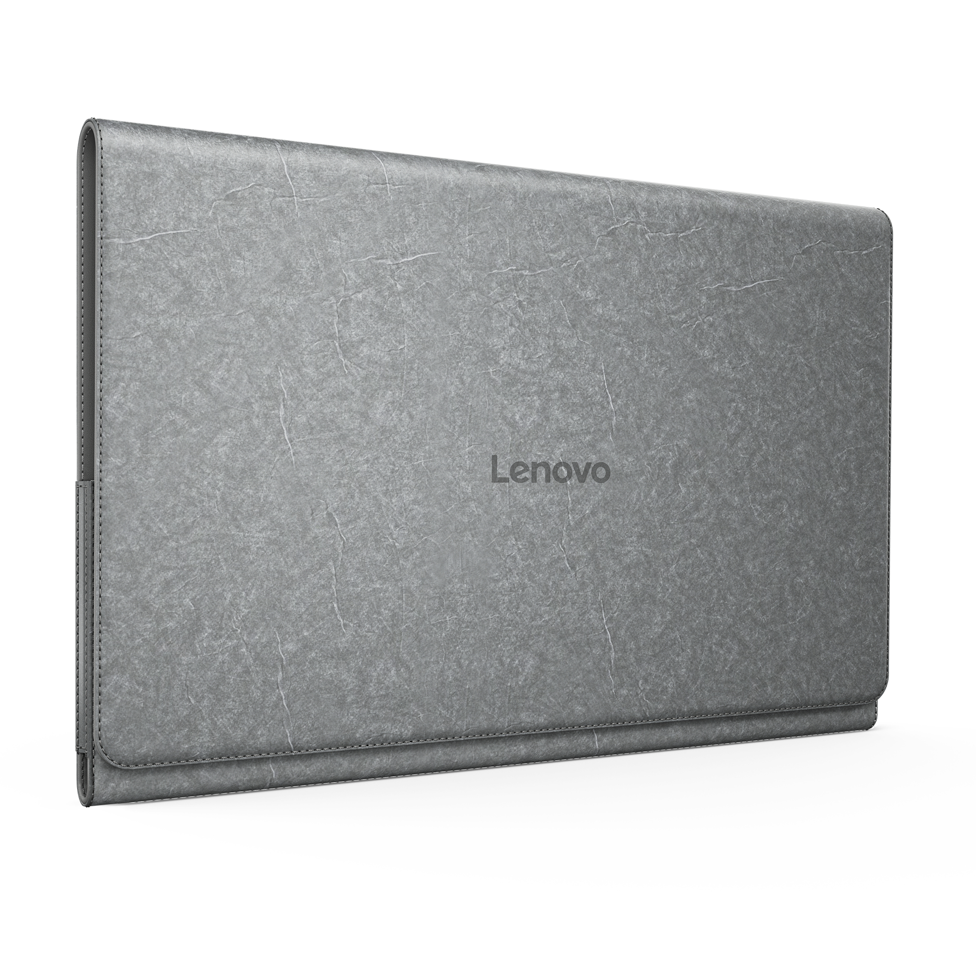 Graue Lenovo Tablettasche, geschlossen, Lenovo-Logo sichtbar.