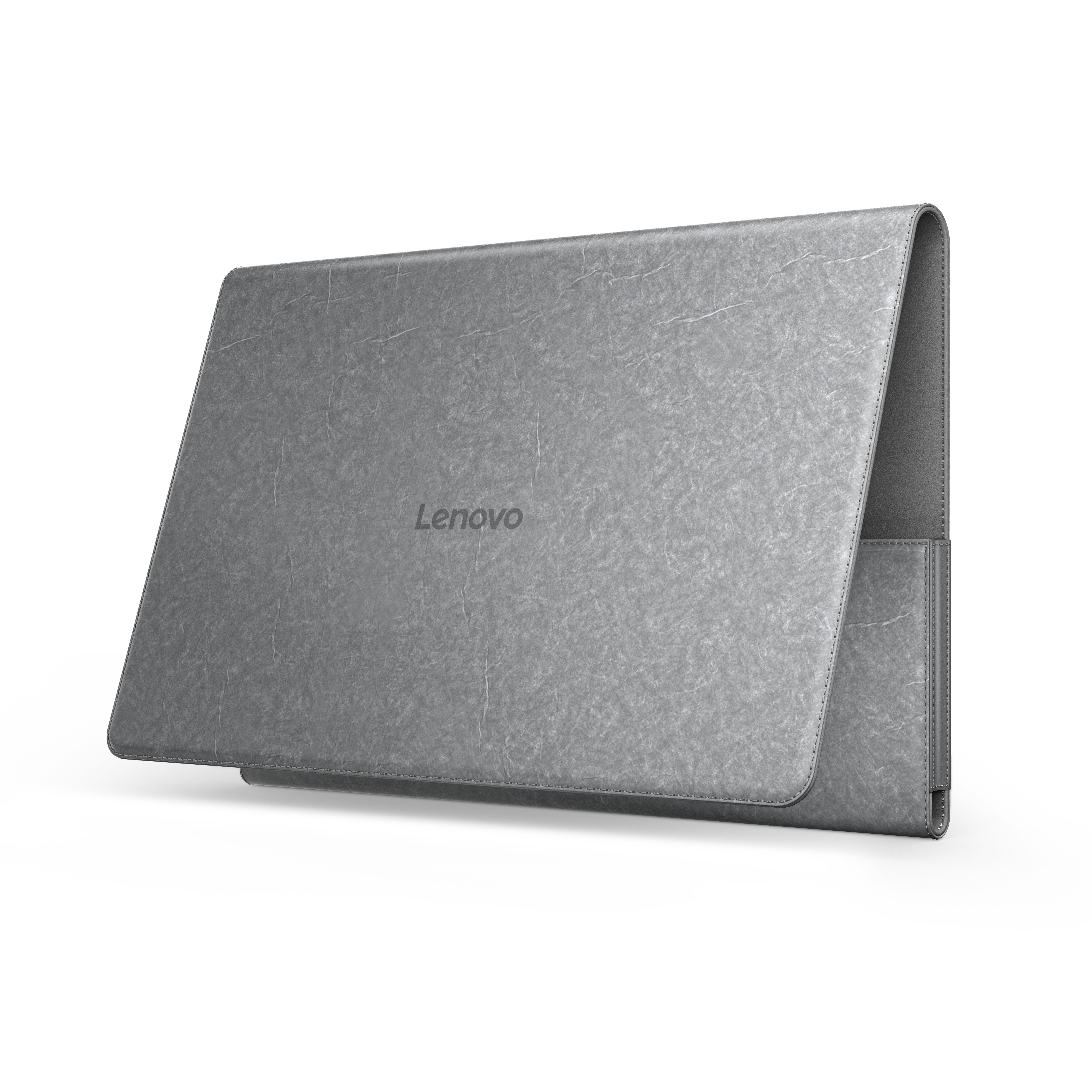 Eine graue Lenovo Laptoptasche ist geöffnet und zeigt das Lenovo-Logo.