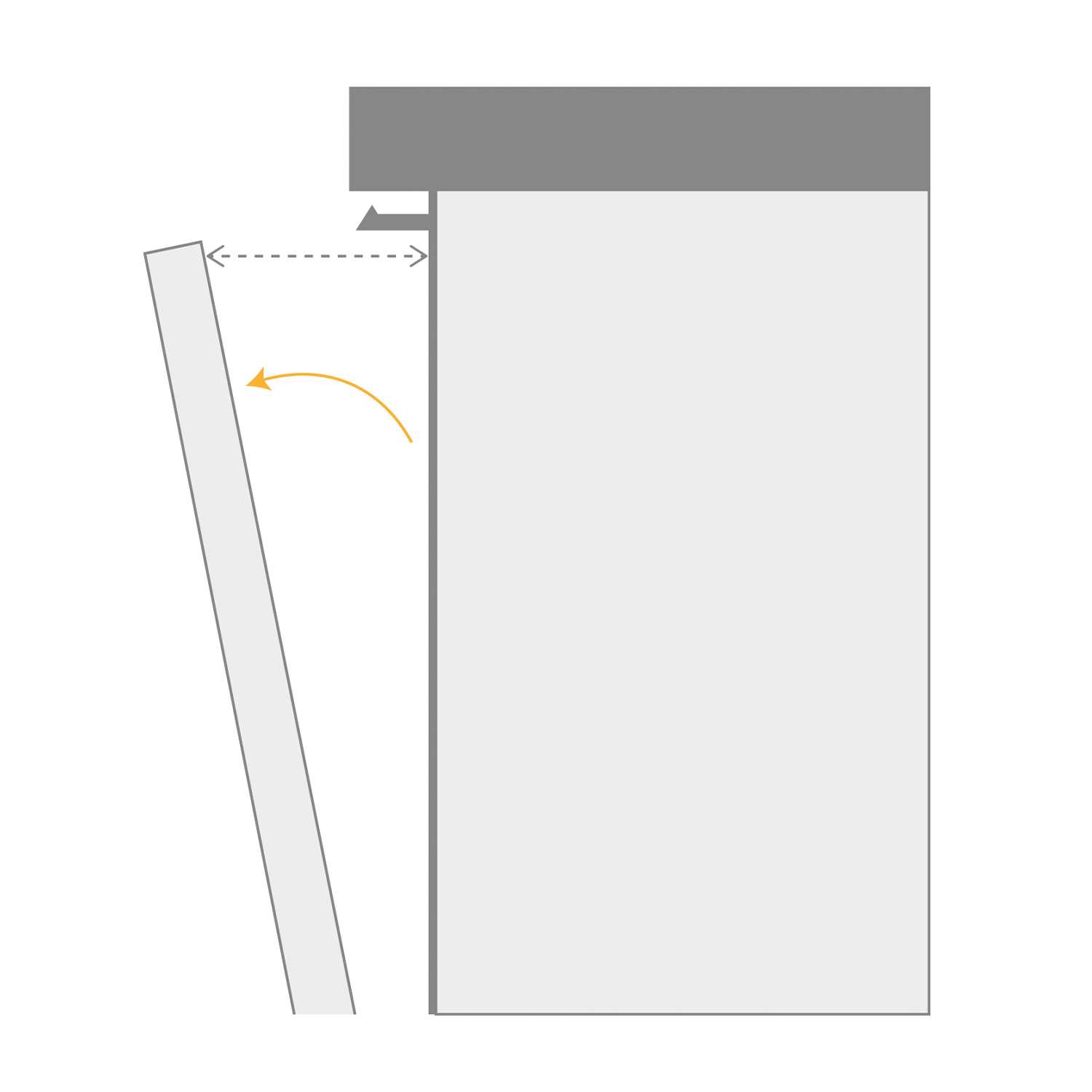 Diagramma che mostra l'apertura di una porta dell'armadio. Una freccia indica la posizione aperta.