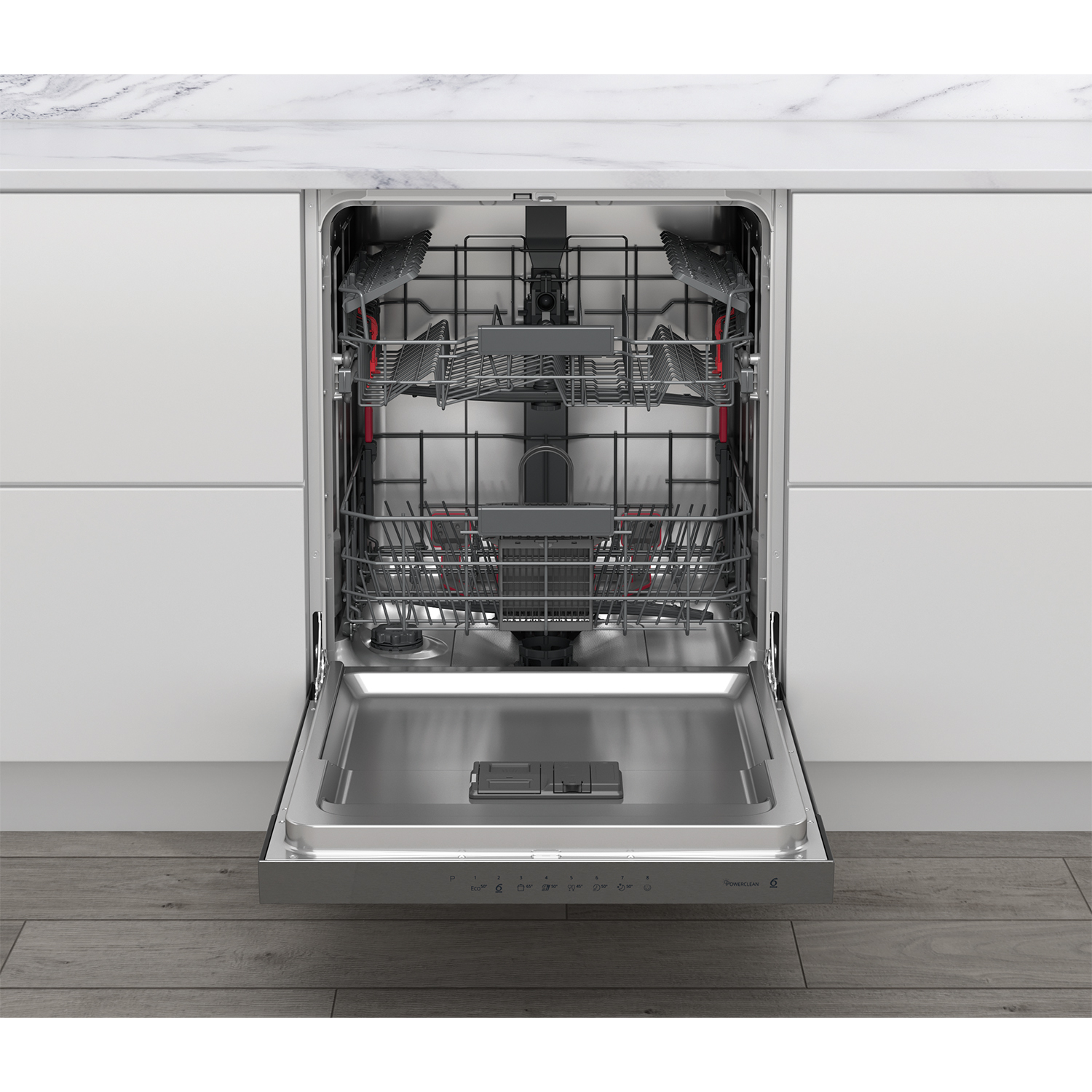 Lavastoviglie aperta, mostra i cestelli. Interno in acciaio inox, mobile bianco. Pavimento in legno.