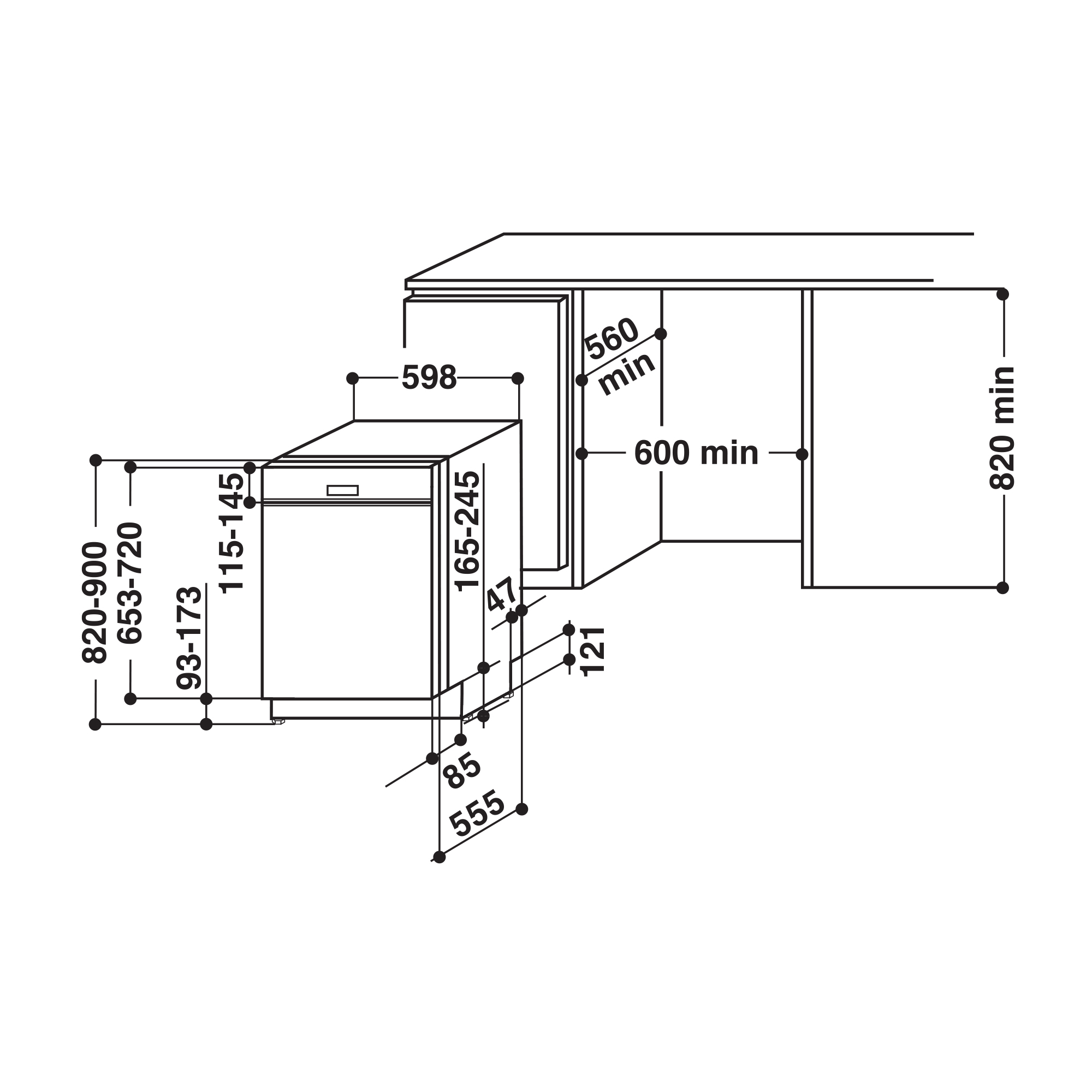 Disegno tecnico di una lavastoviglie con dimensioni ed etichette su sfondo bianco.