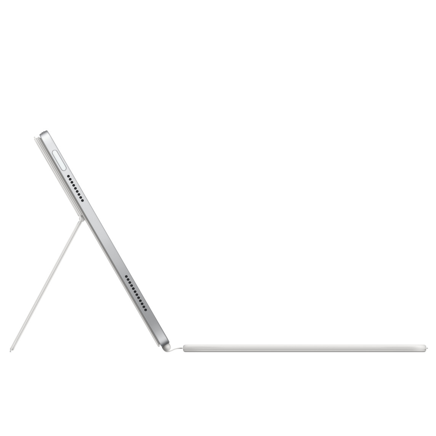 Silver tablet with a stand. The screen is tilted and the keyboard is connected.
