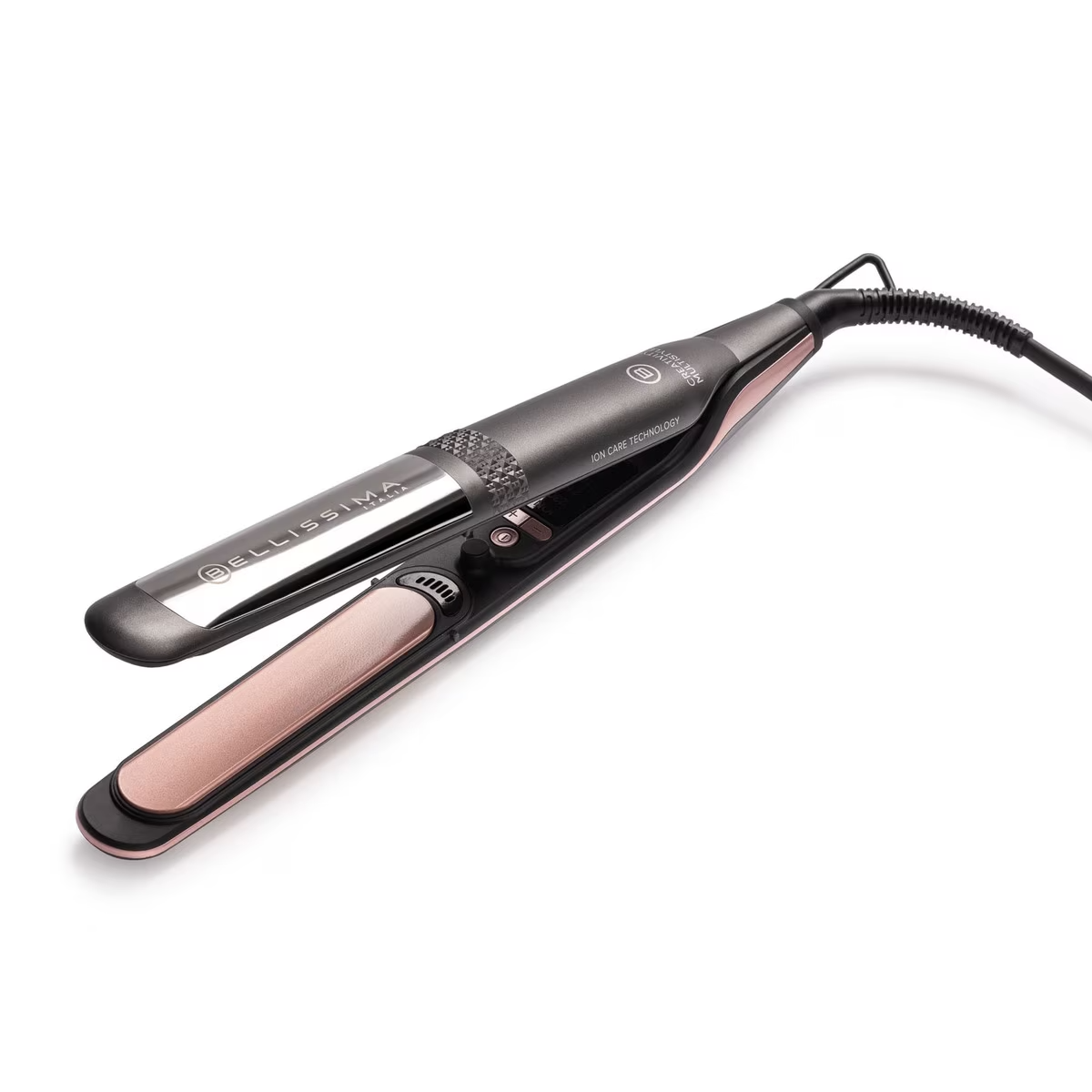 Una plancha para el cabello con diseño negro y oro rosa. Está abierta e inclinada, con la marca "Bellissima" visible.