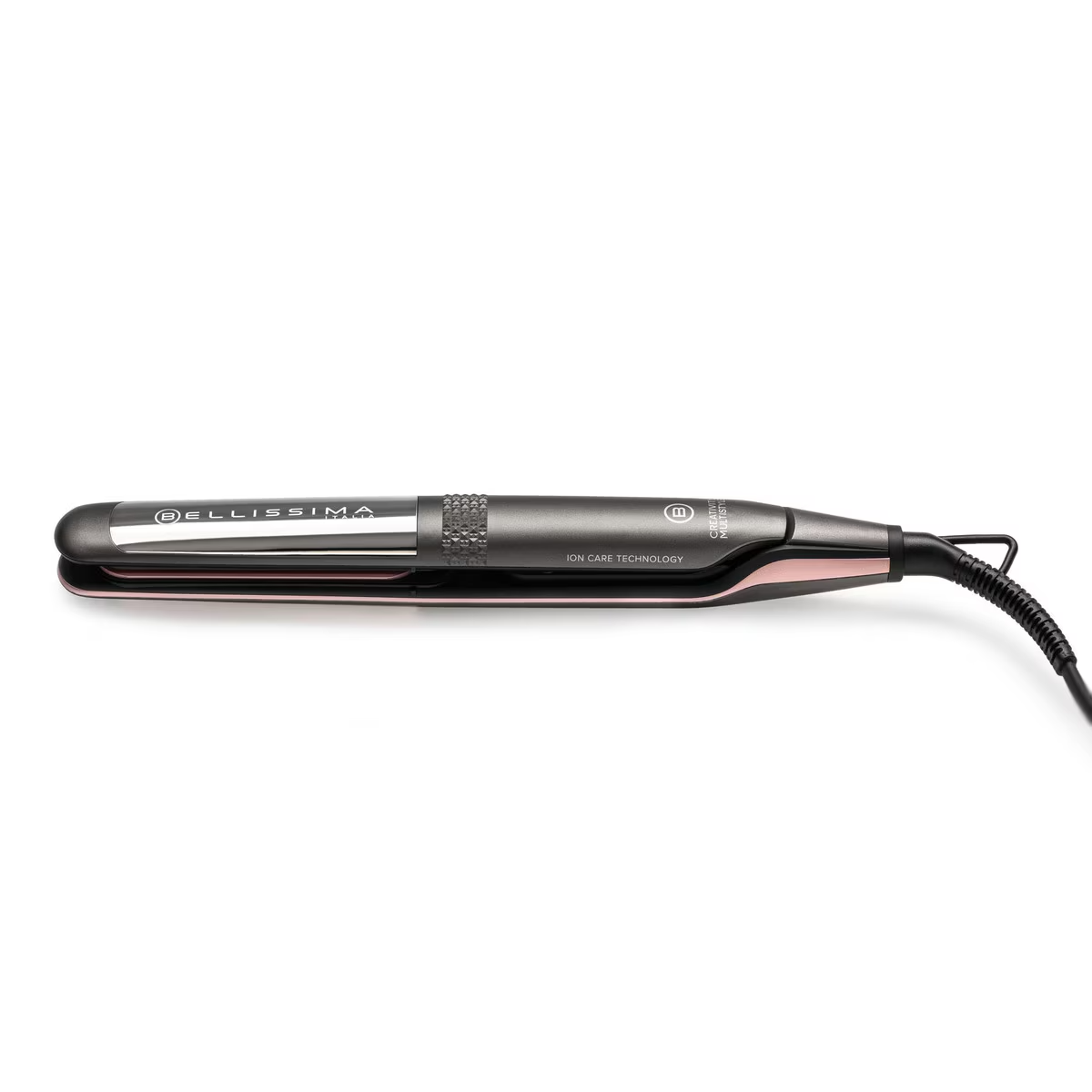 Una plancha de pelo negra y rosa con la marca BELLISSIMA.