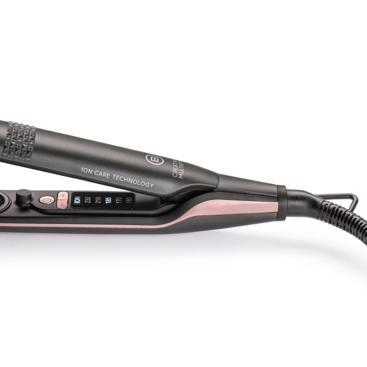 Primer plano de plancha de pelo negra y oro rosa, con tecnología ion care.