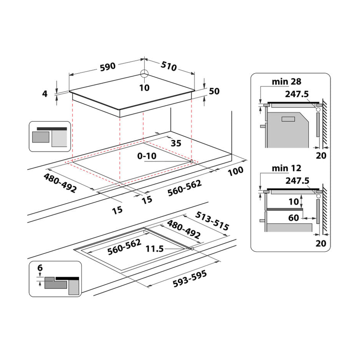 Diagramma di un piano cottura, sfondo bianco, misure e dimensioni.