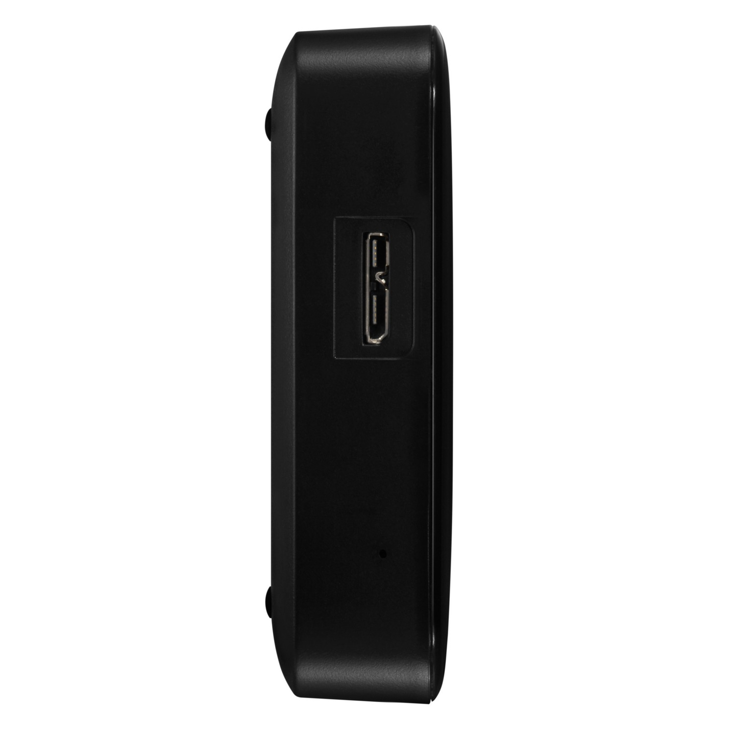 Un disco duro externo rectangular negro con un puerto USB visible.