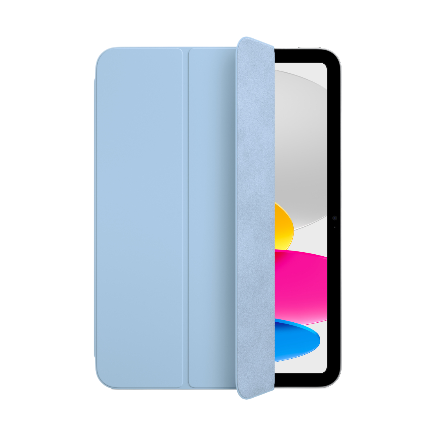 Housse de tablette bleue. La housse est partiellement ouverte, révélant l'écran de la tablette avec des graphiques colorés.