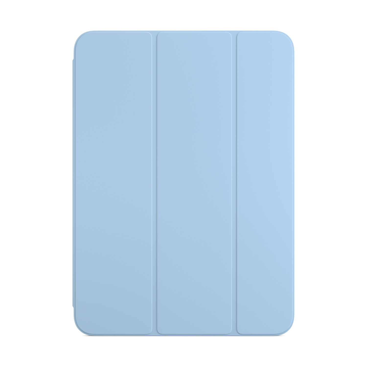 Housse d'iPad bleu clair, design à trois panneaux, fermée, sur fond blanc.