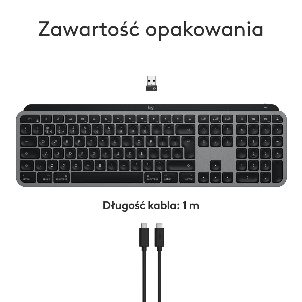 Klawiatura i klucz USB. Klawiatura jest szara z czarnymi klawiszami i portem USB-C.
