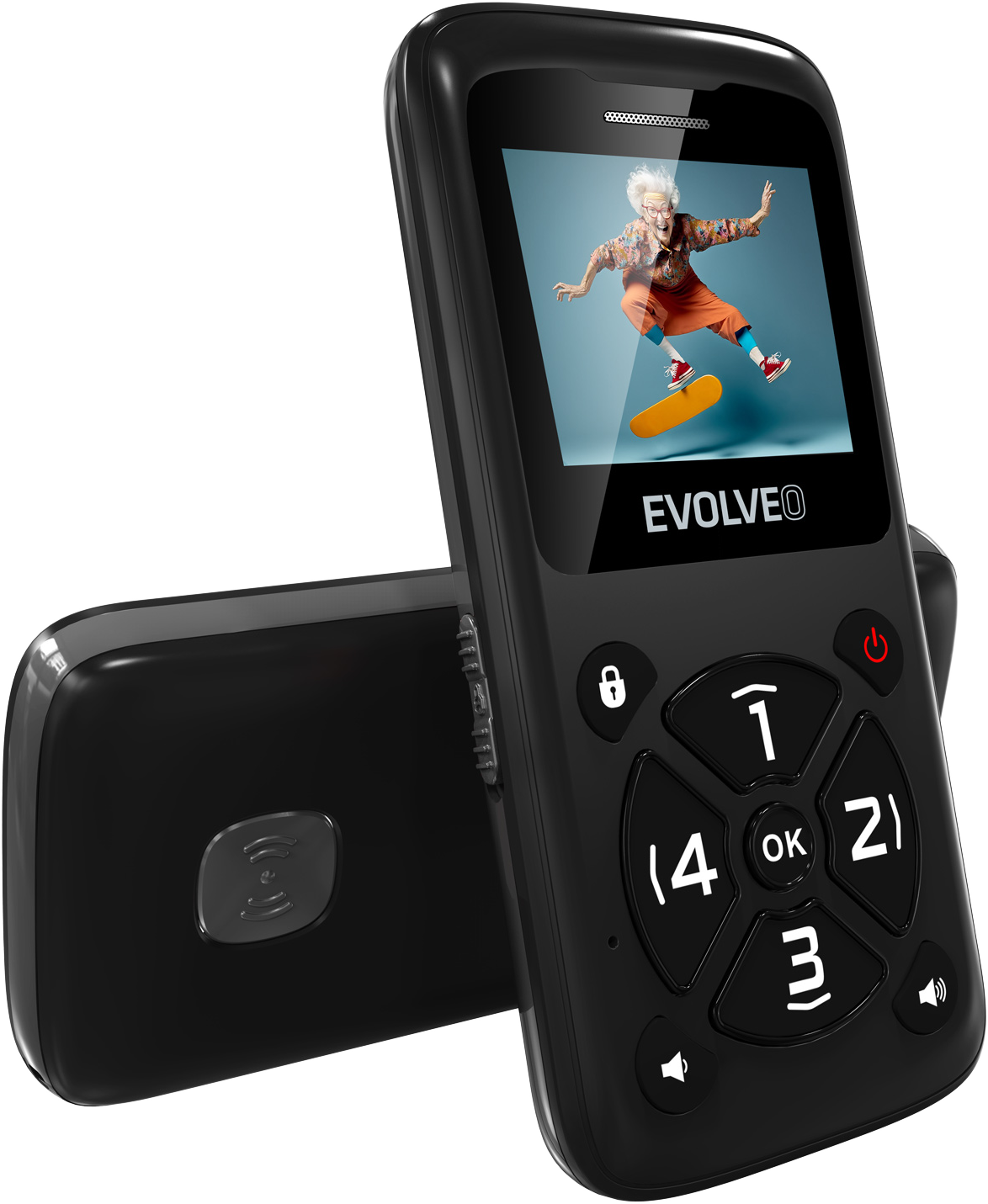 Fekete Evolveo telefon. A képernyőn egy gördeszkázó nő látható. Számok és OK gomb.