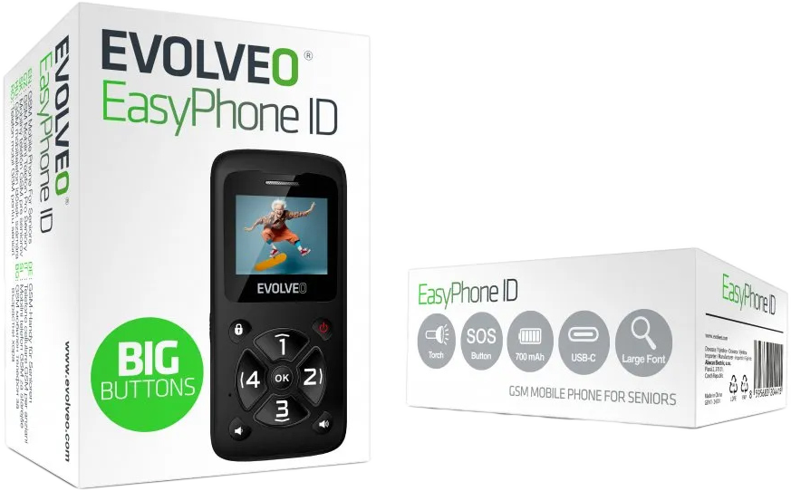 Két fehér doboz fekete telefonokkal és 'EasyPhone ID' felirattal.