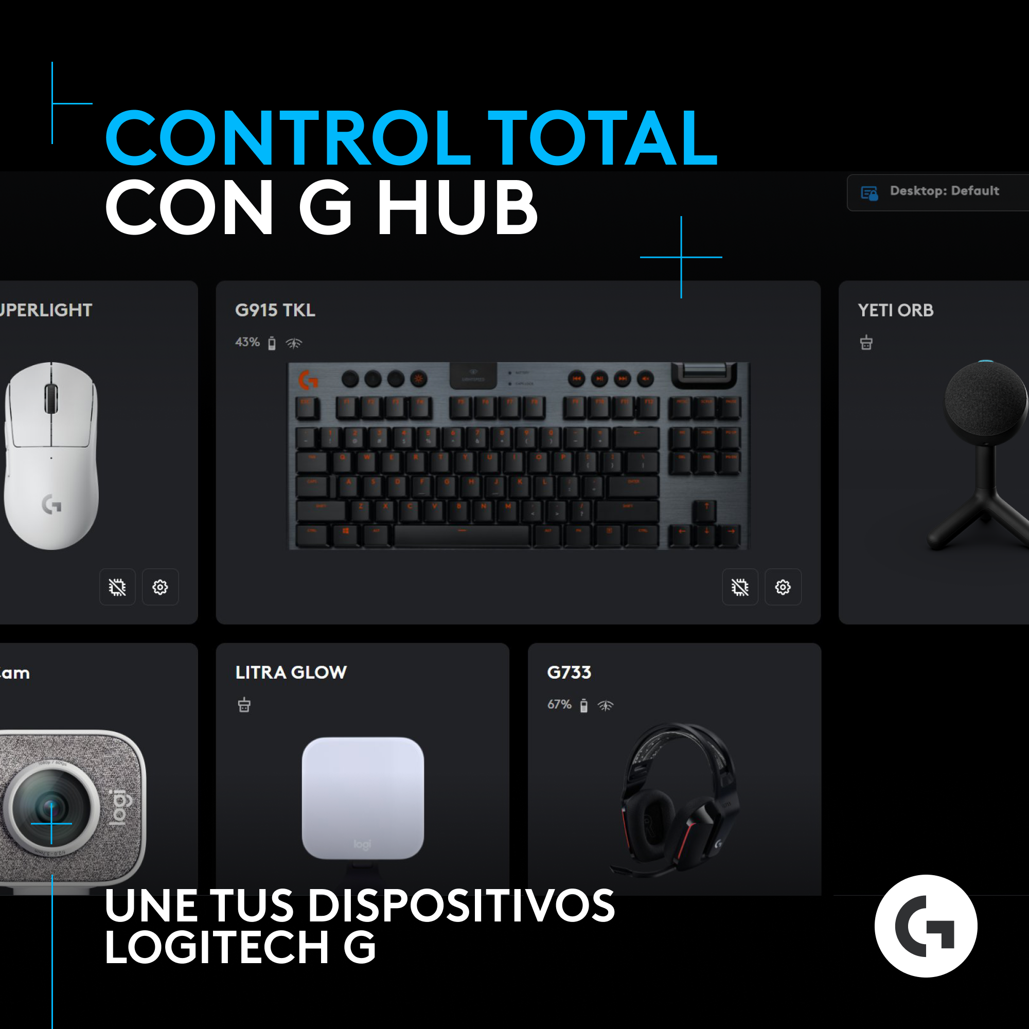 Se muestran productos Logitech G, incluyendo un ratón, teclado y micrófono.