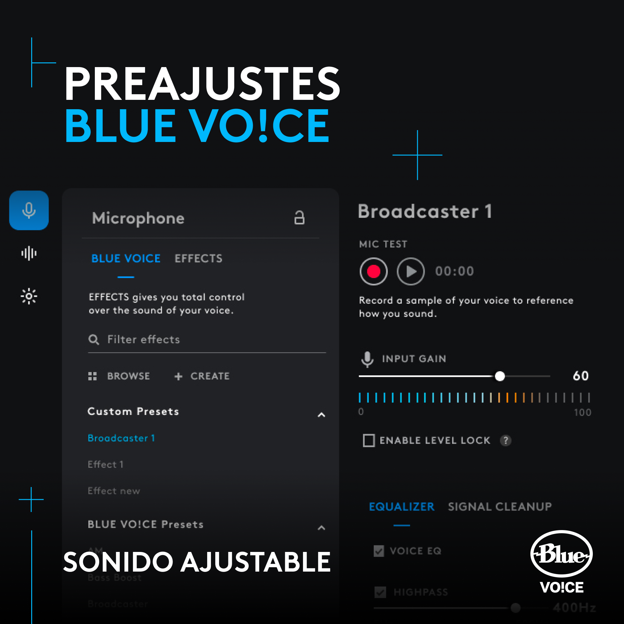 Interfaz de software Blue Voice. Tiene configuraciones de micrófono y opciones de personalización. Fondo blanco y oscuro.