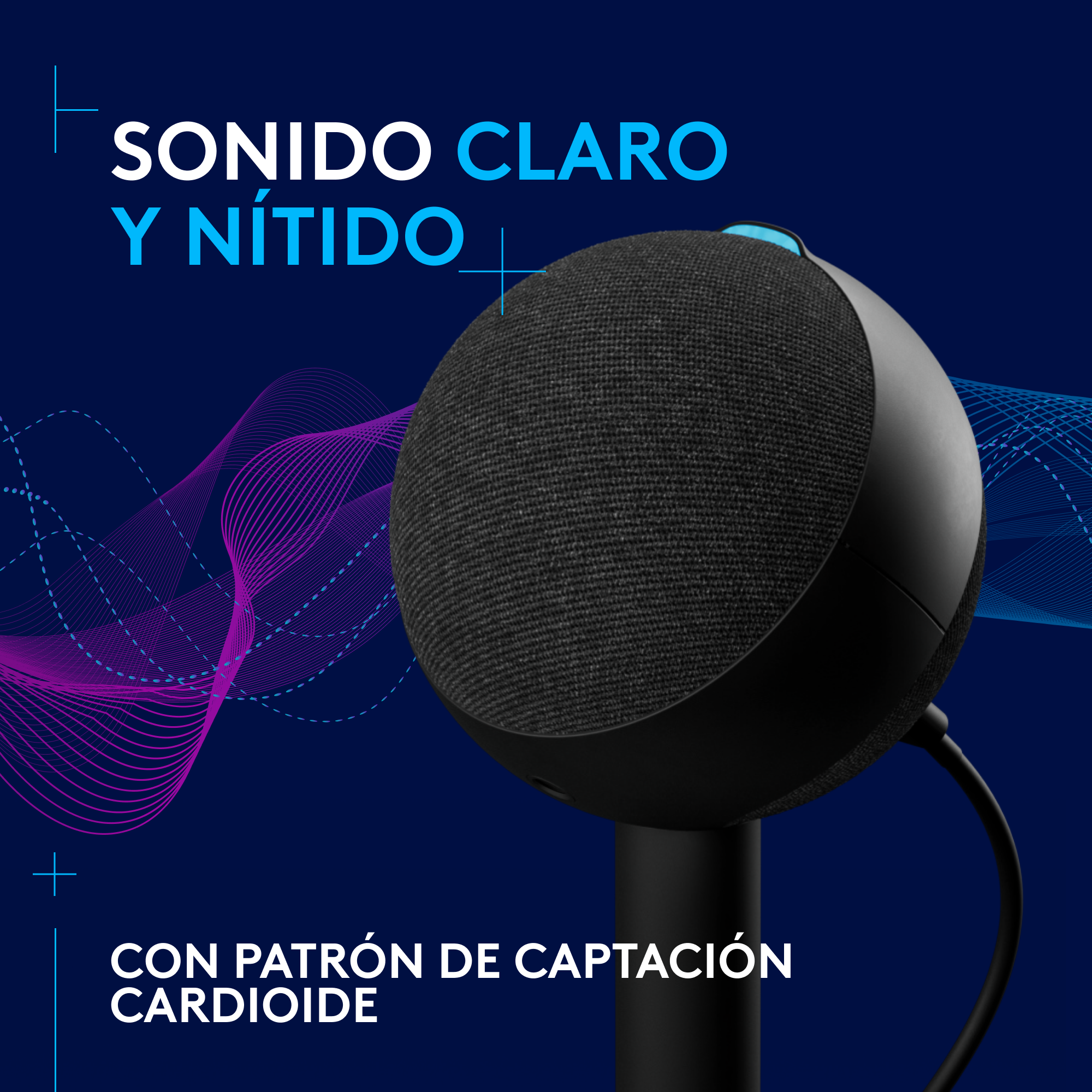 Altavoz negro con el texto Sonido Claro Y Nítido, con un fondo azul y morado.