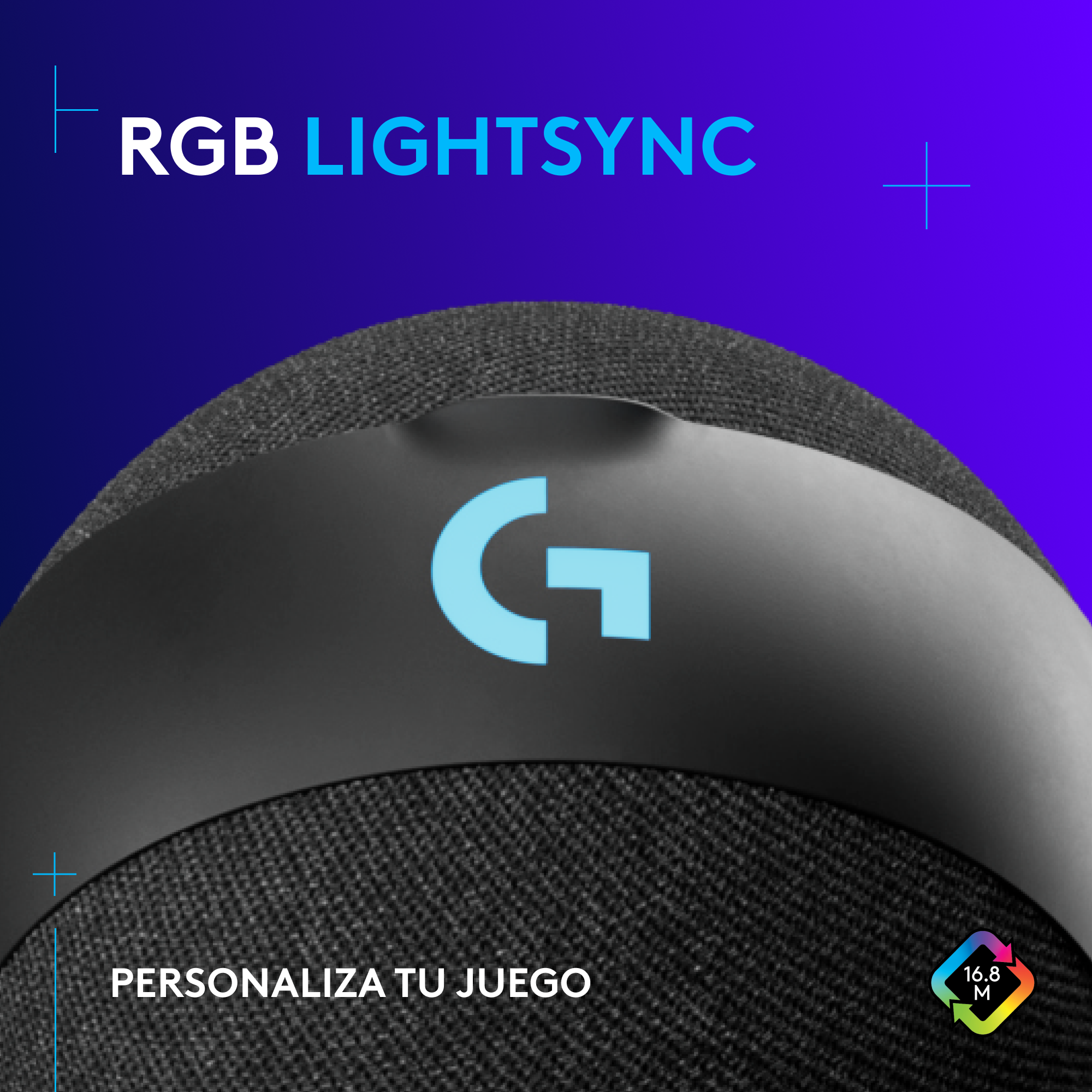Primer plano de un altavoz negro con el logotipo G. El altavoz está sobre una superficie de tela.